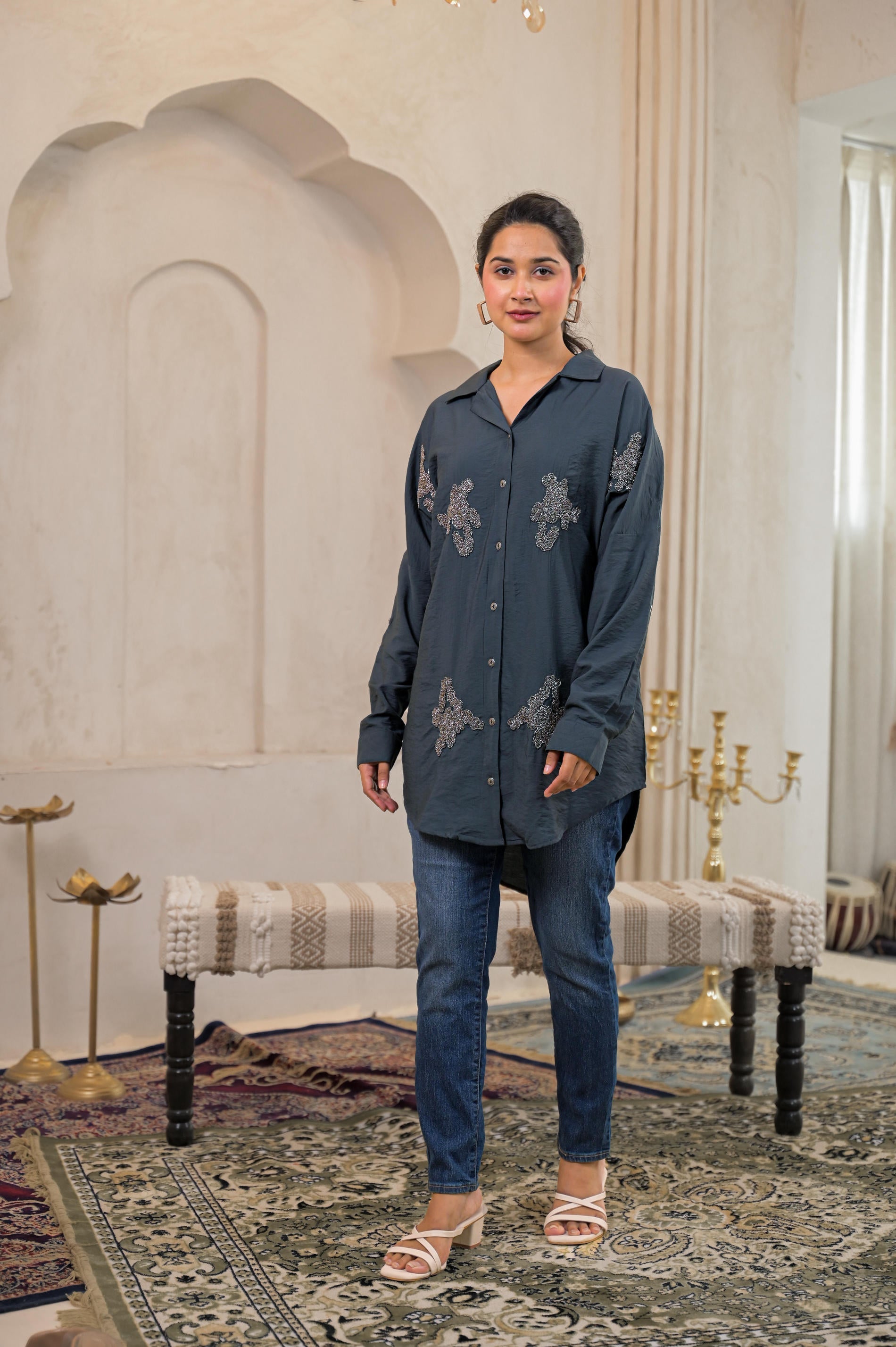 Grey Solid Viscose Shirt with Beads Work | DesiQlo