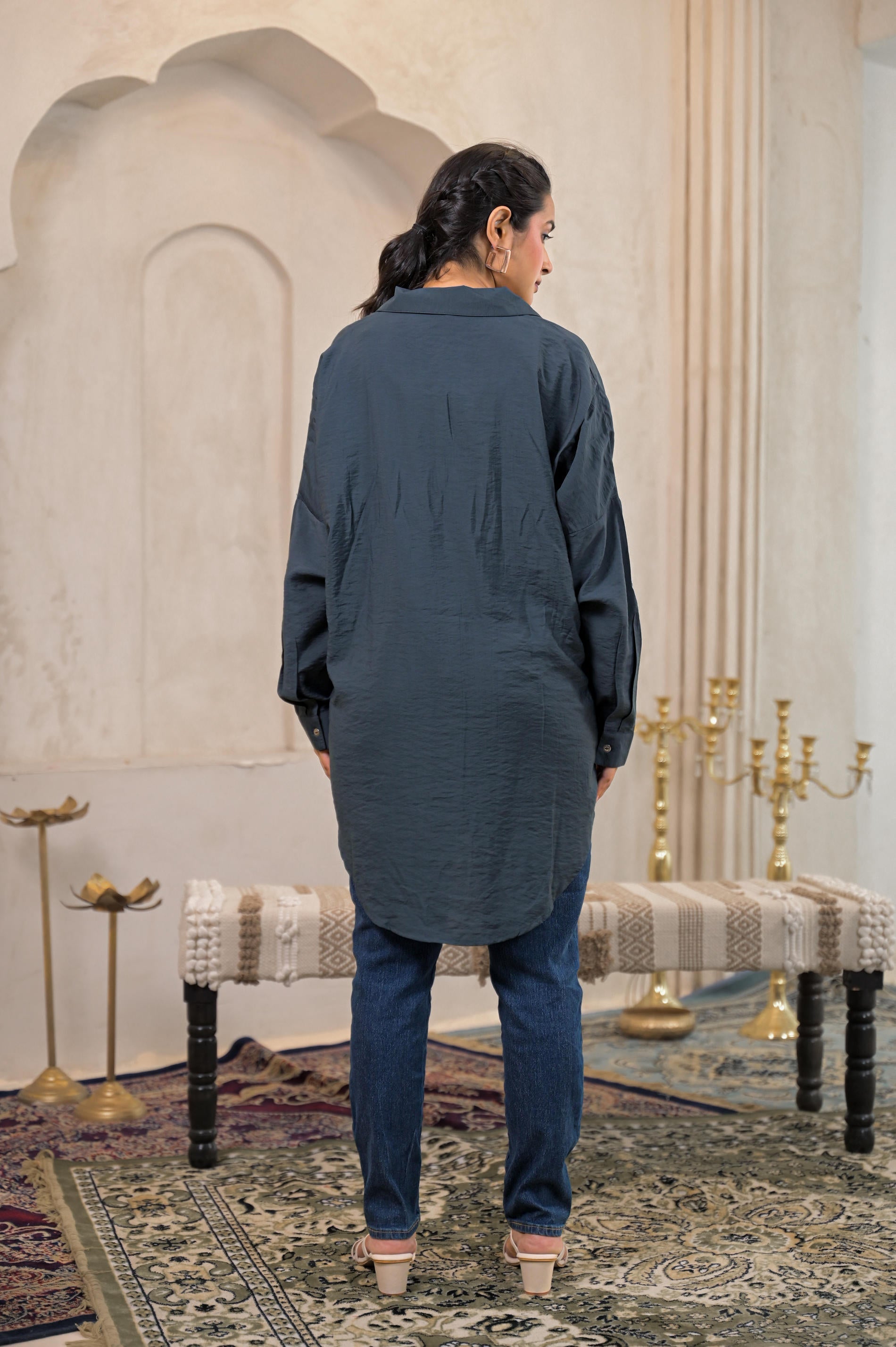 Grey Solid Viscose Shirt with Beads Work | DesiQlo