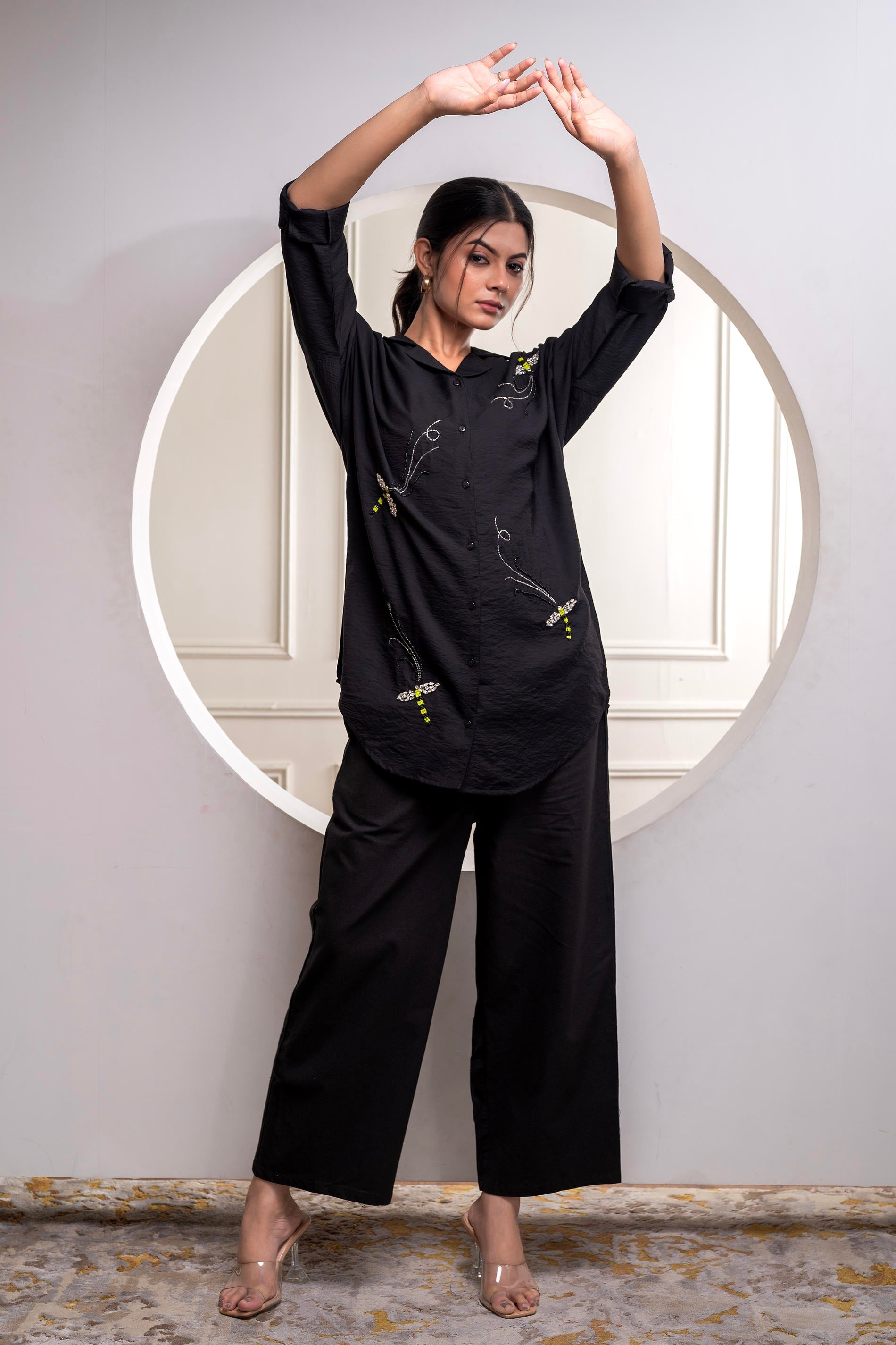 Black Solid Viscose Shirt with Beads Work | DesiQlo