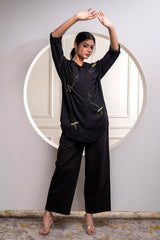 Black Solid Viscose Shirt with Beads Work