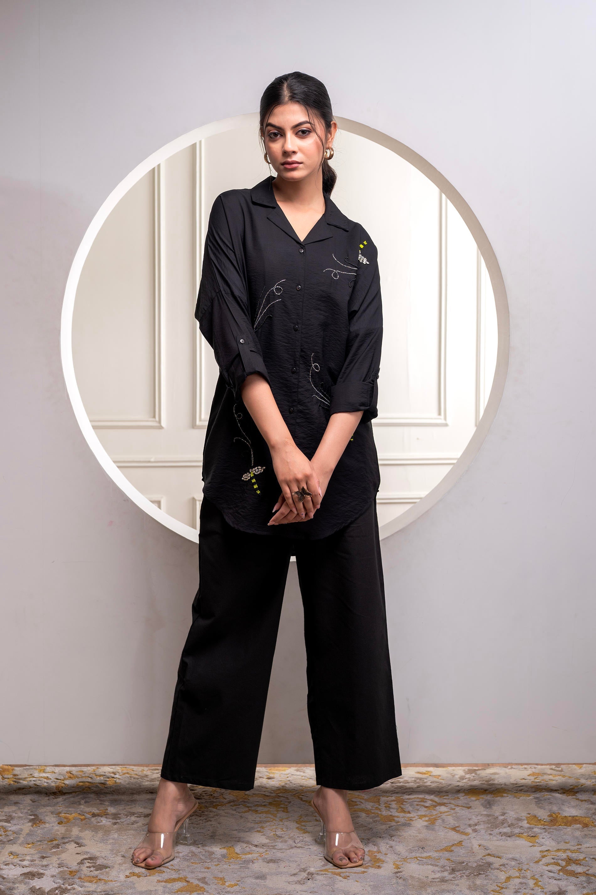 Black Solid Viscose Shirt with Beads Work | DesiQlo