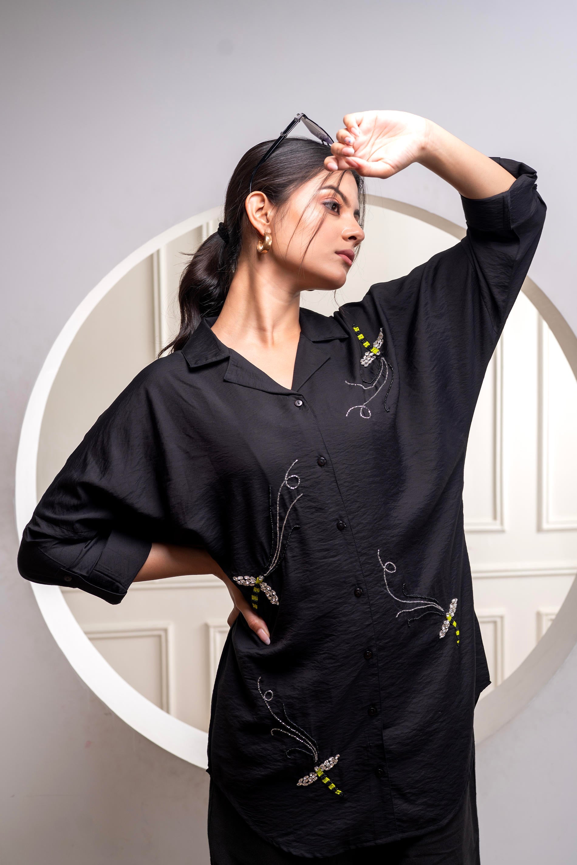 Black Solid Viscose Shirt with Beads Work | DesiQlo