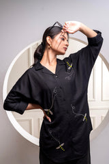 Black Solid Viscose Shirt with Beads Work