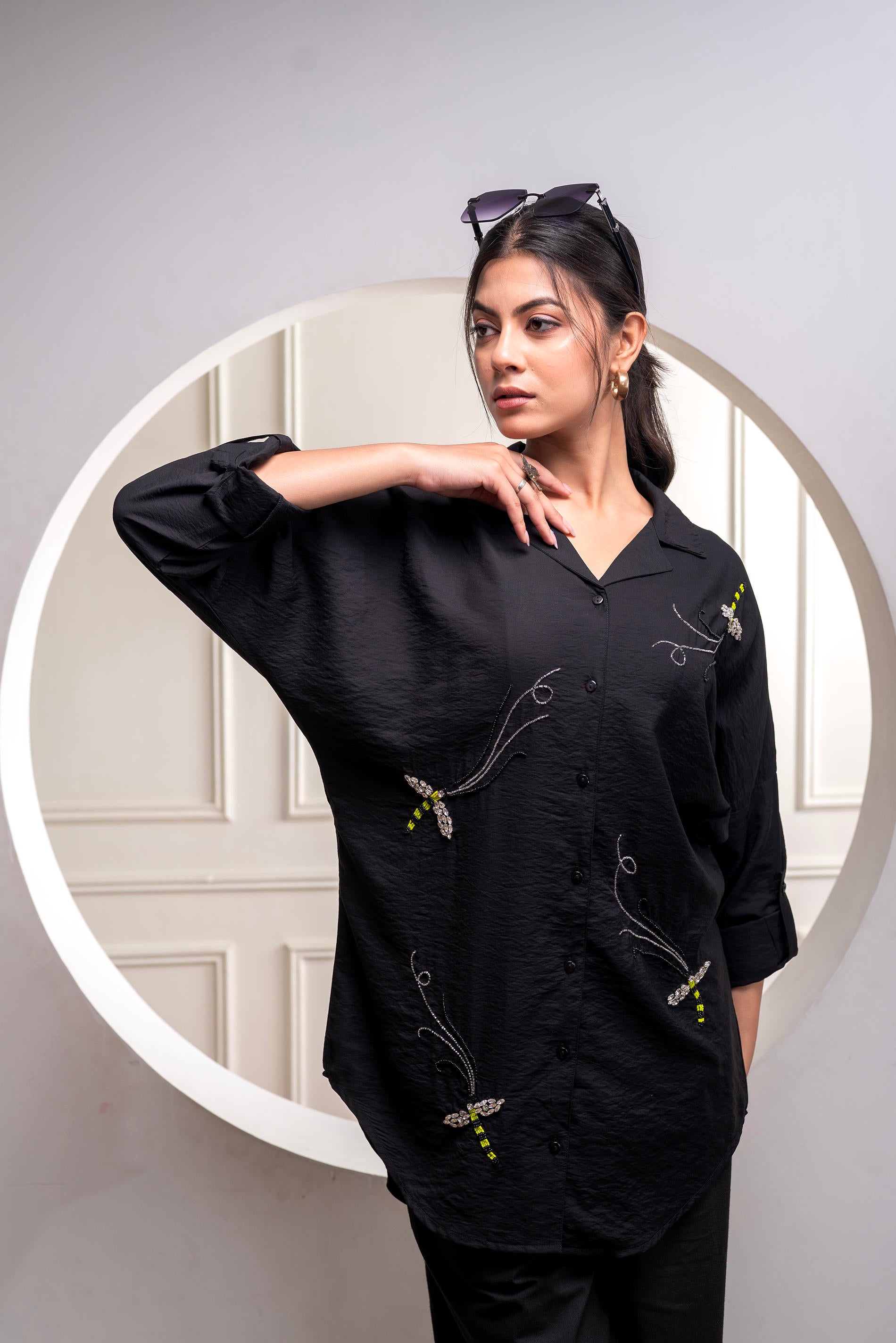 Black Solid Viscose Shirt with Beads Work | DesiQlo