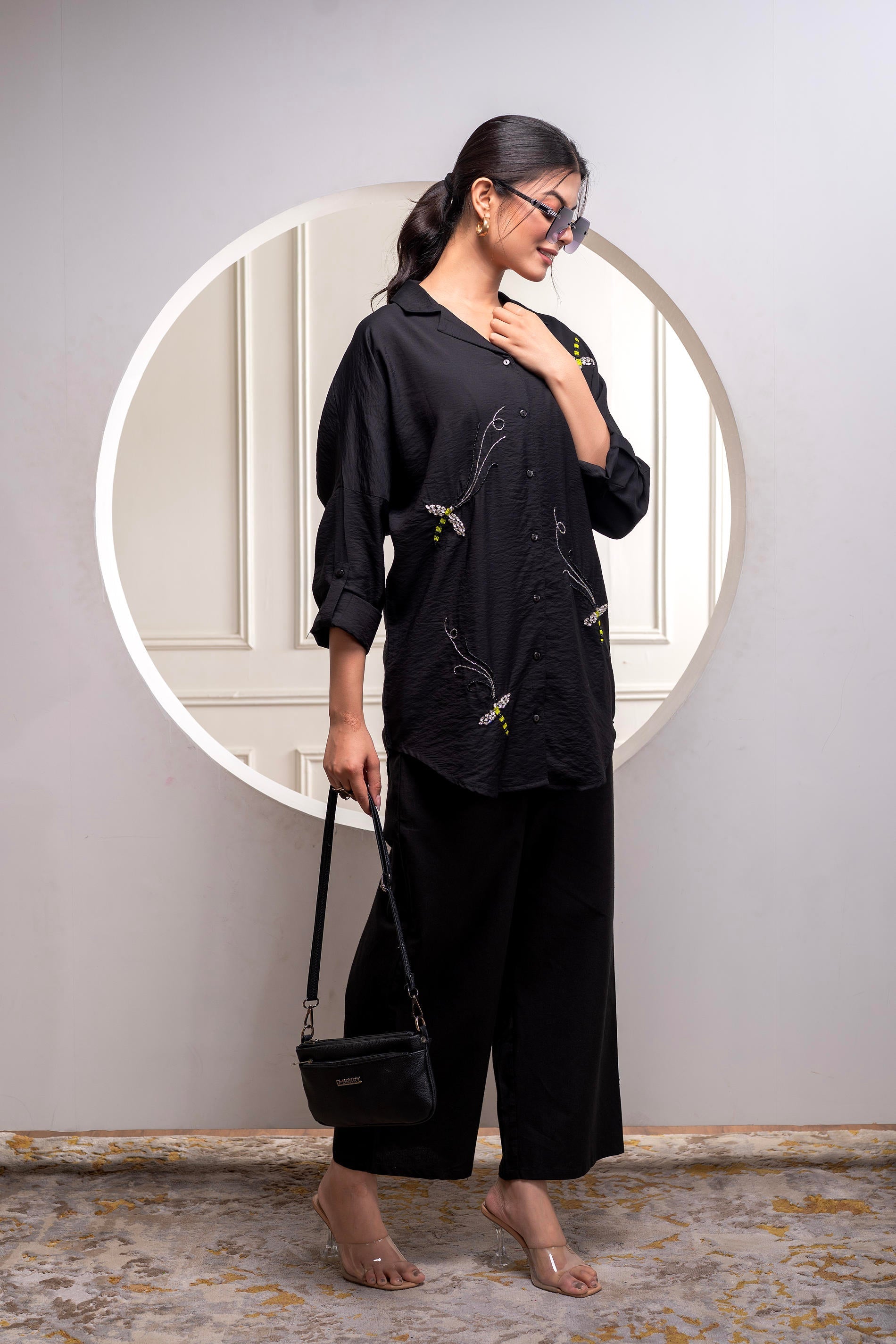 Black Solid Viscose Shirt with Beads Work | DesiQlo