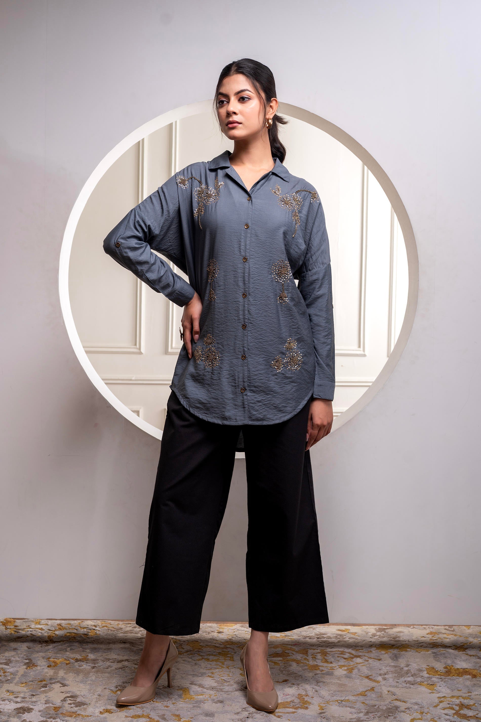 Viscose Grey Embellished Shirt with Sequin & Bead Details | DesiQlo