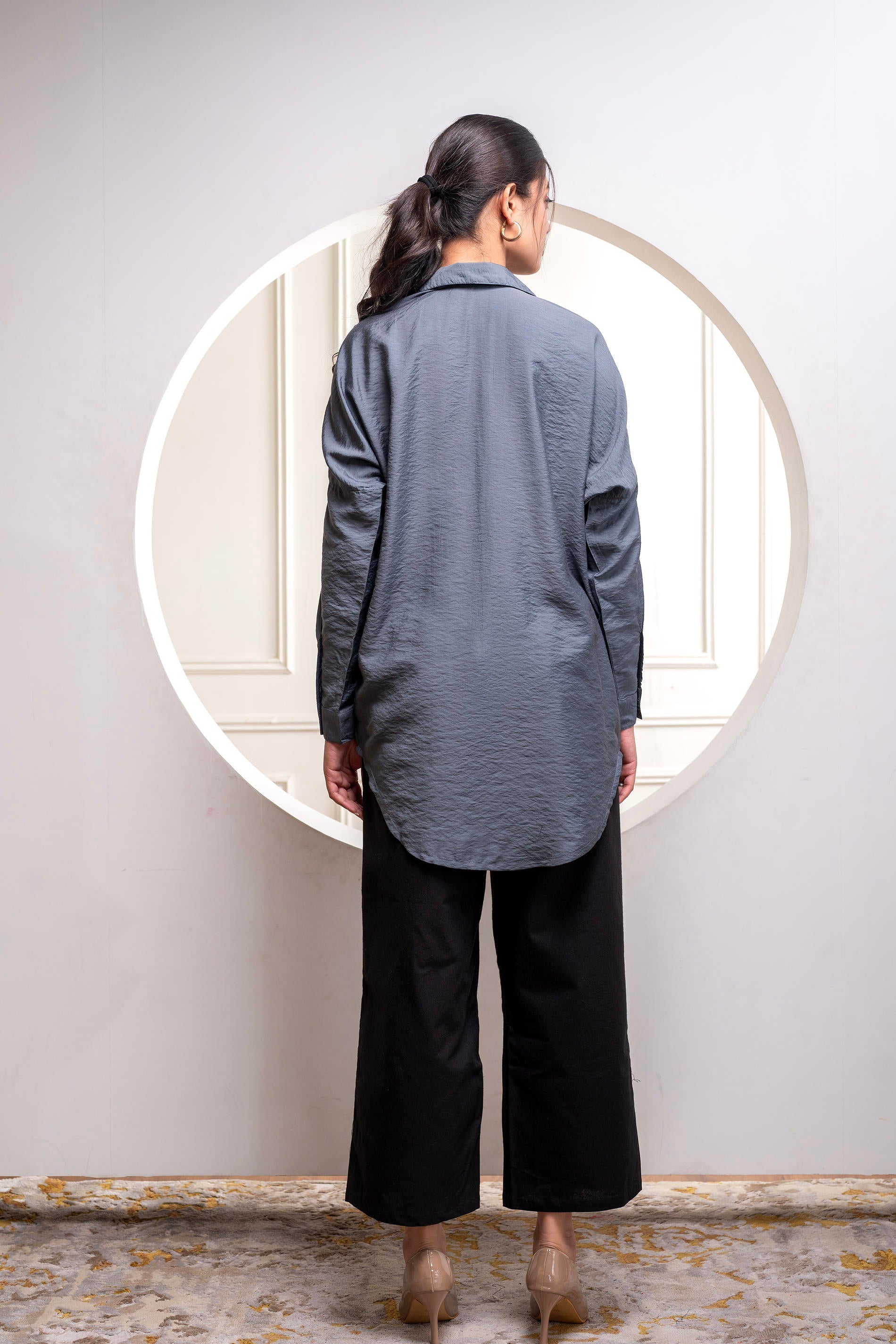 Viscose Grey Embellished Shirt with Sequin & Bead Details | DesiQlo