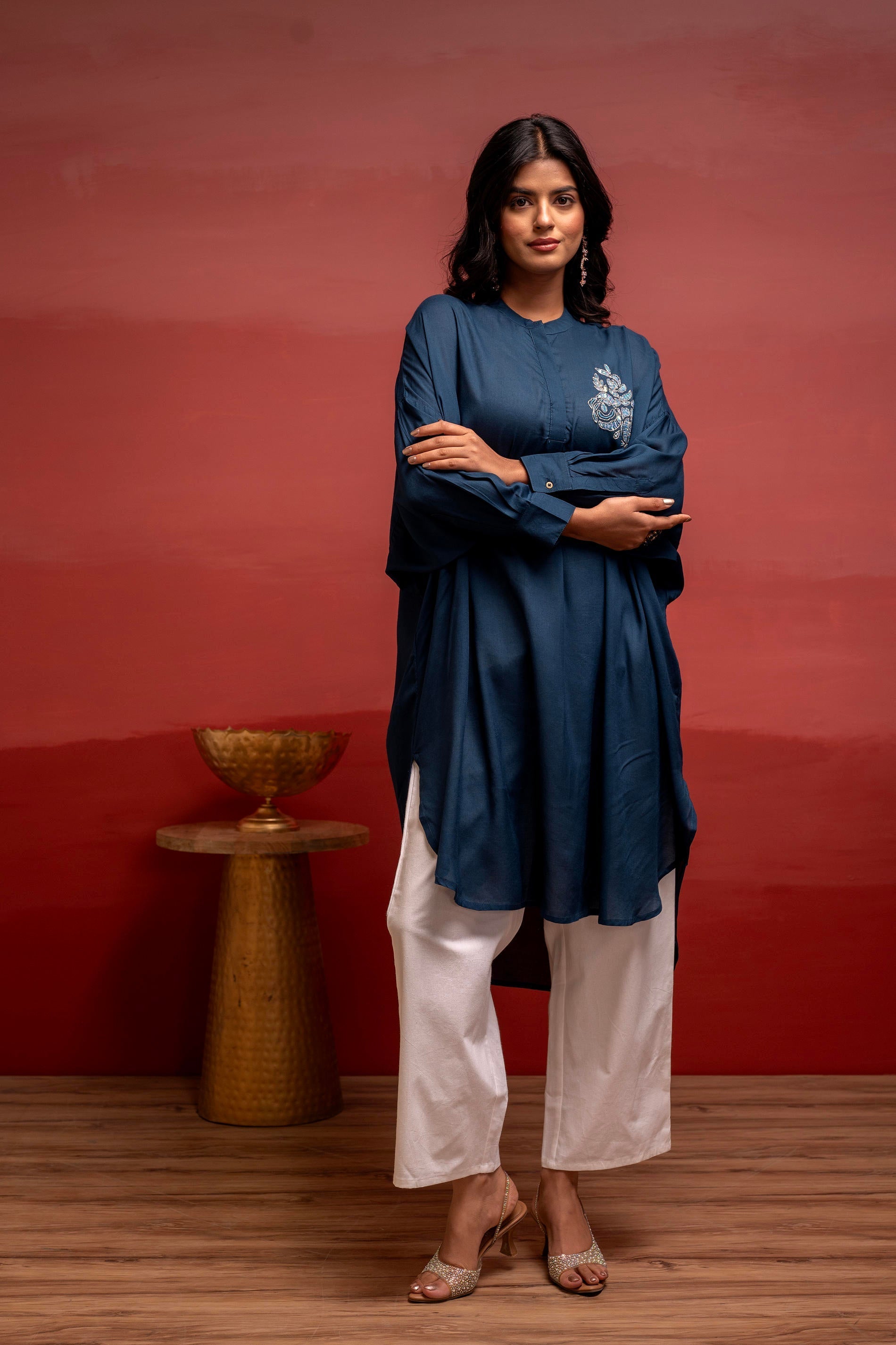 Viscose Blue Embellished Shirt with Sequin & Bead Details | DesiQlo