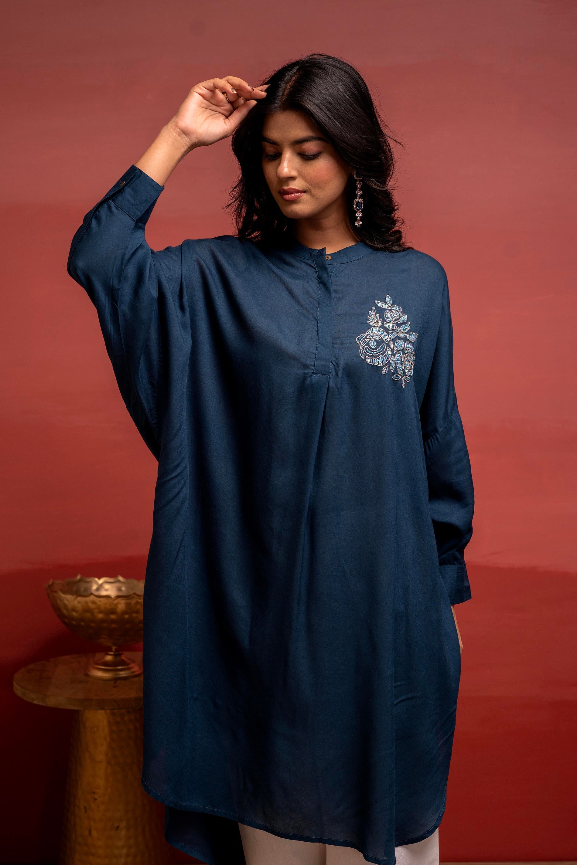Viscose Blue Embellished Shirt with Sequin & Bead Details | DesiQlo
