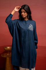 Viscose Blue Embellished Shirt with Sequin & Bead Details