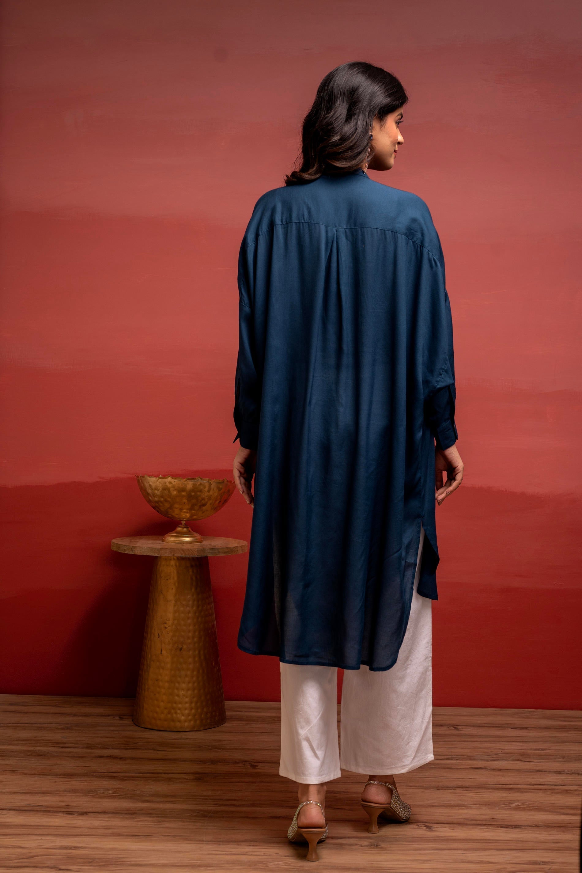 Viscose Blue Embellished Shirt with Sequin & Bead Details | DesiQlo