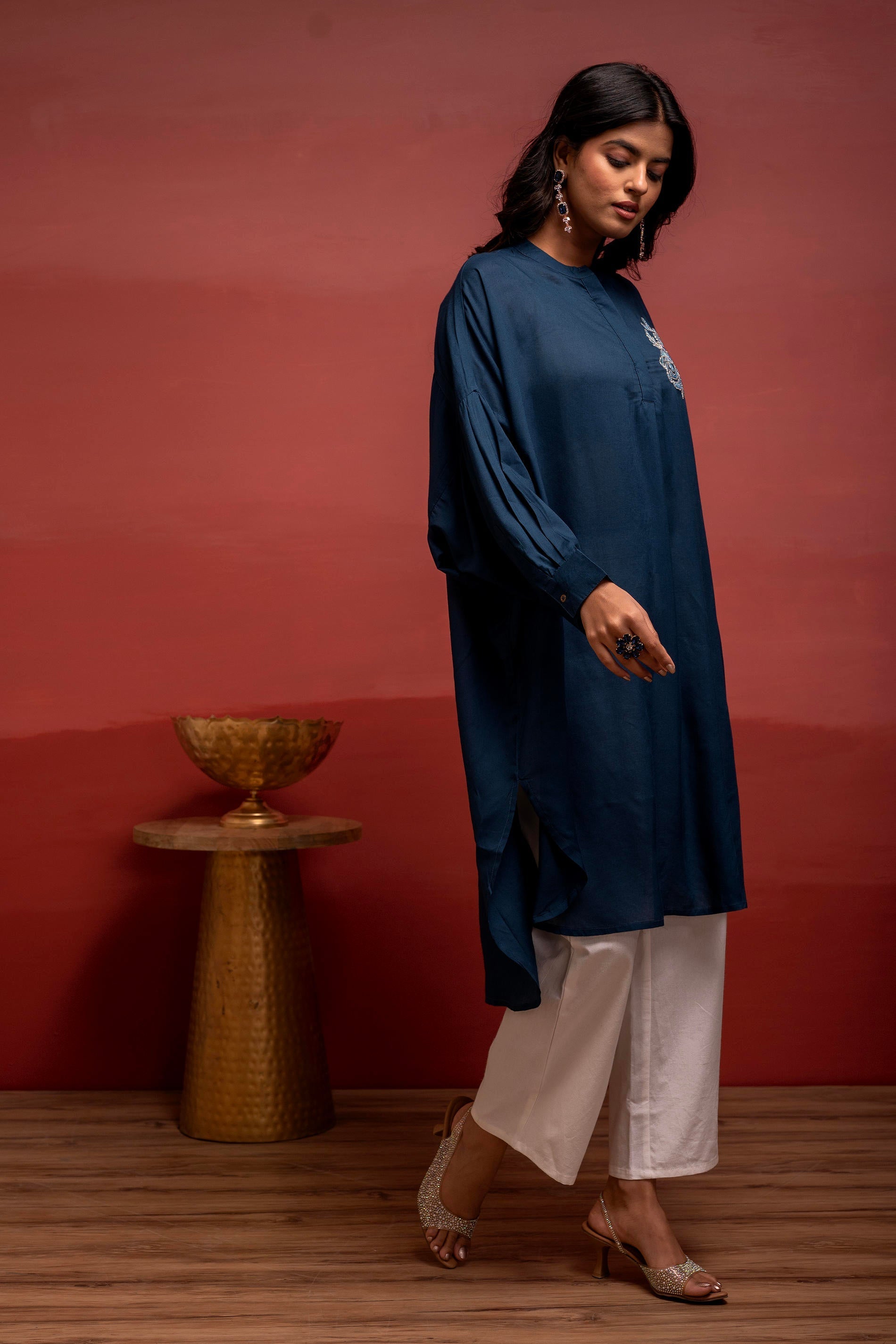 Viscose Blue Embellished Shirt with Sequin & Bead Details | DesiQlo