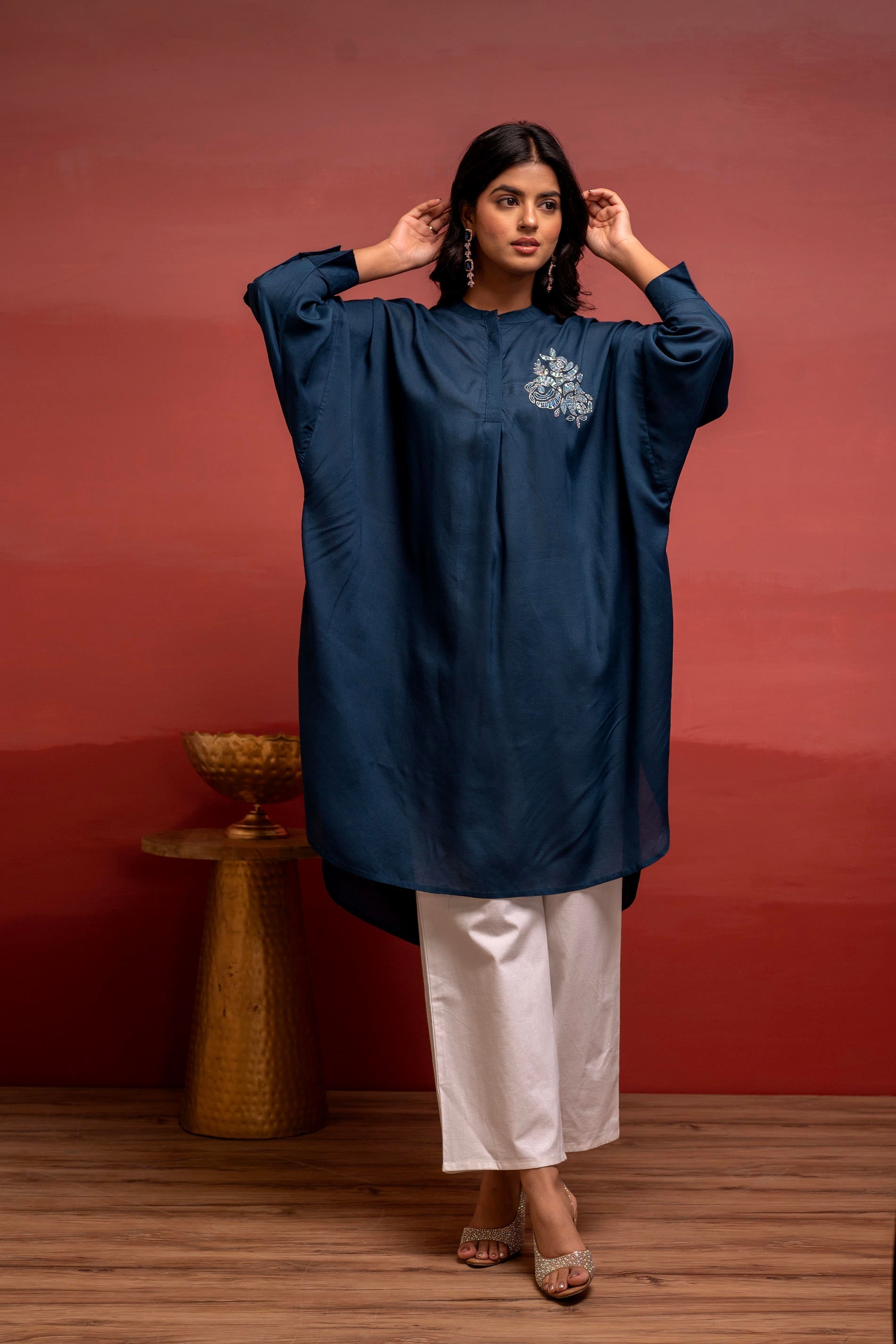 Viscose Blue Embellished Shirt with Sequin & Bead Details | DesiQlo