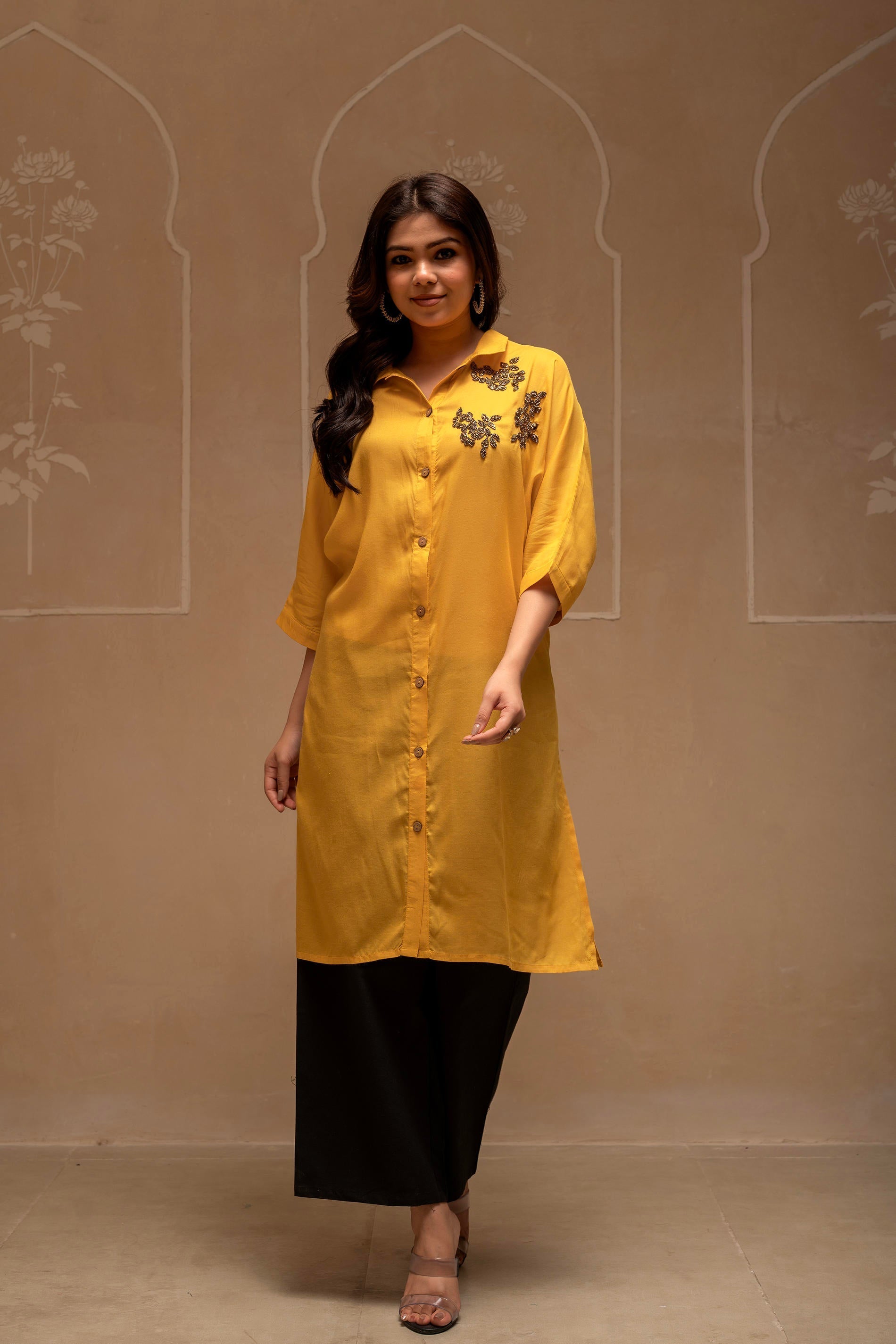 Mustard Solid Viscose Shirt with Beads Work | DesiQlo