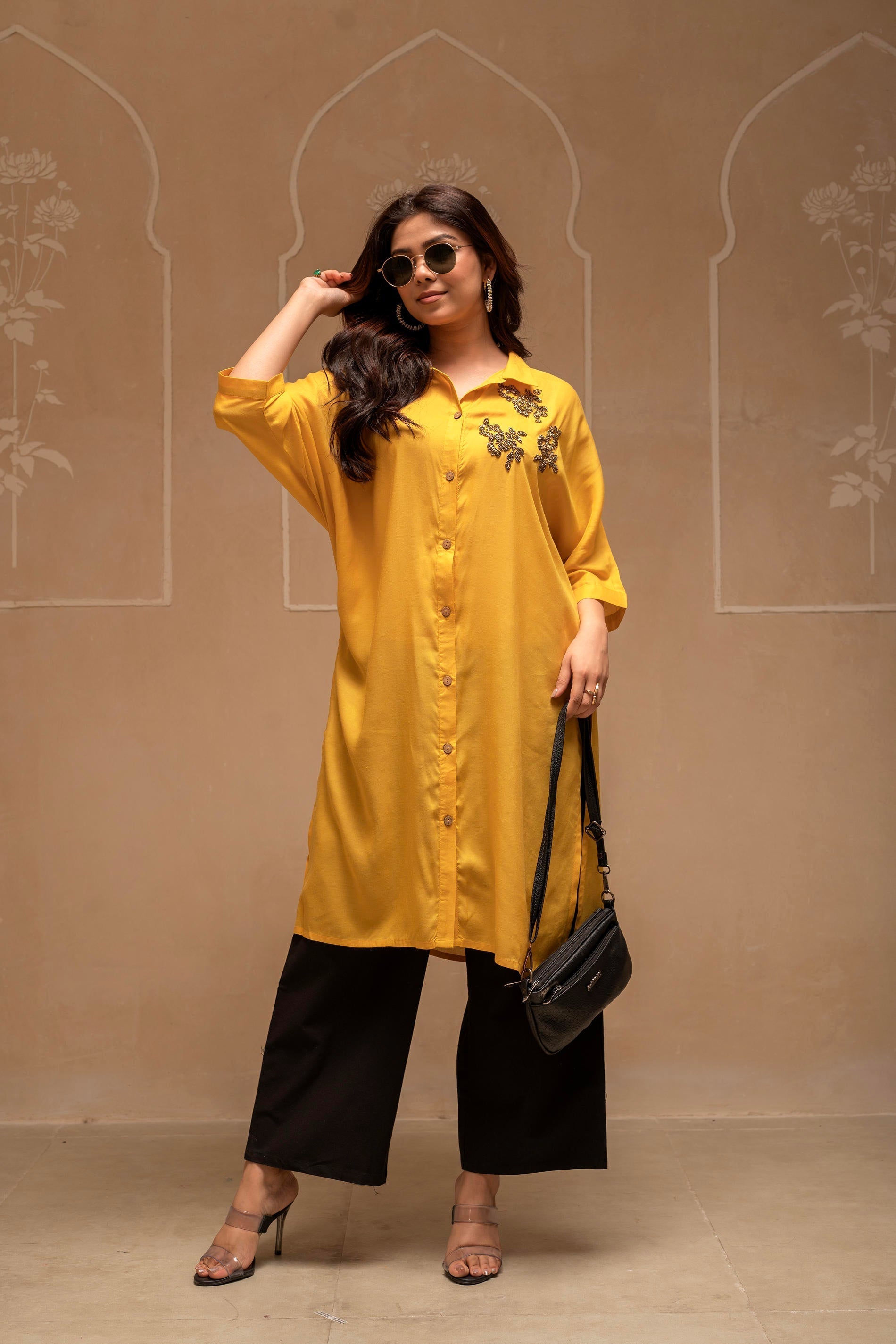 Mustard Solid Viscose Shirt with Beads Work | DesiQlo