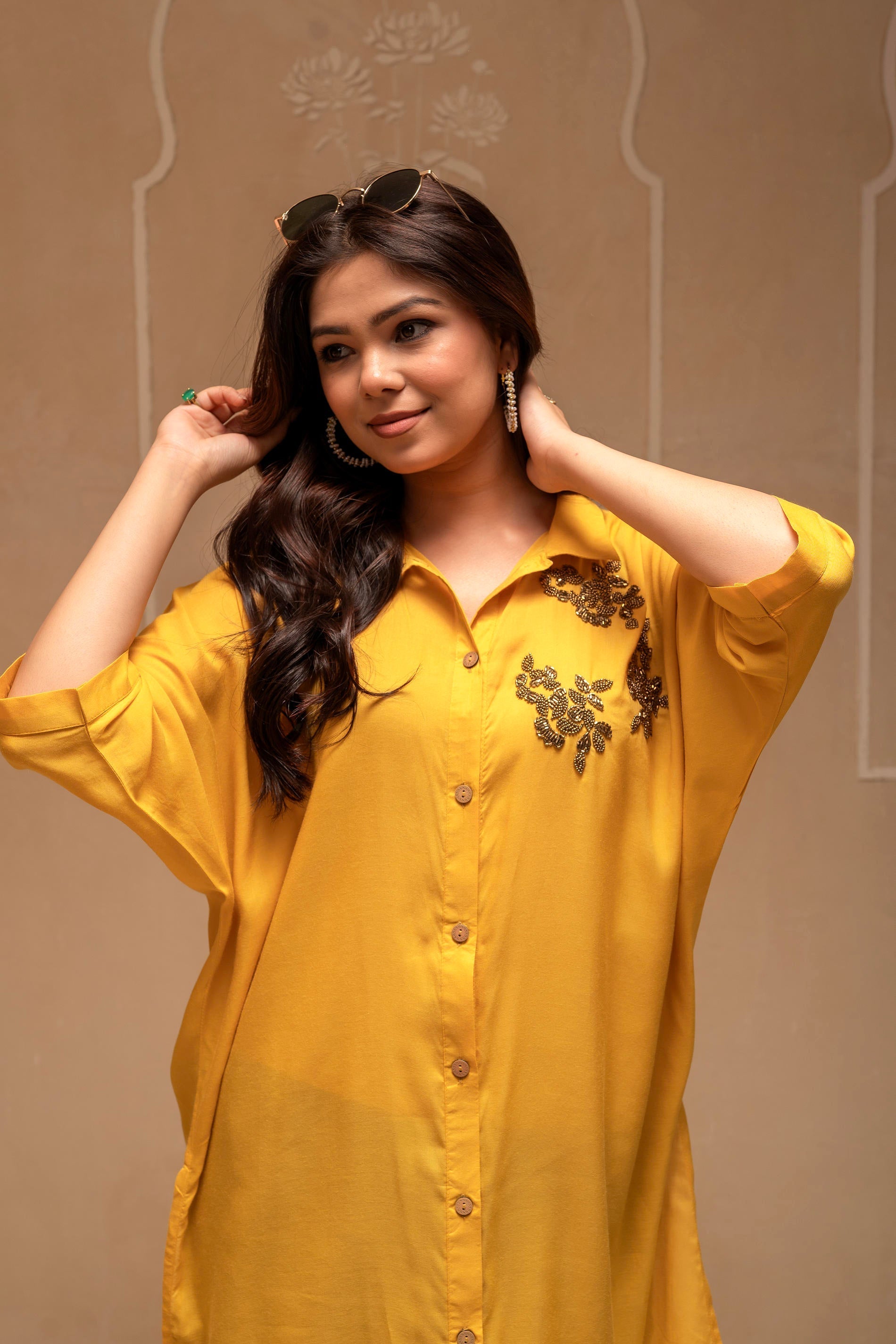 Mustard Solid Viscose Shirt with Beads Work | DesiQlo