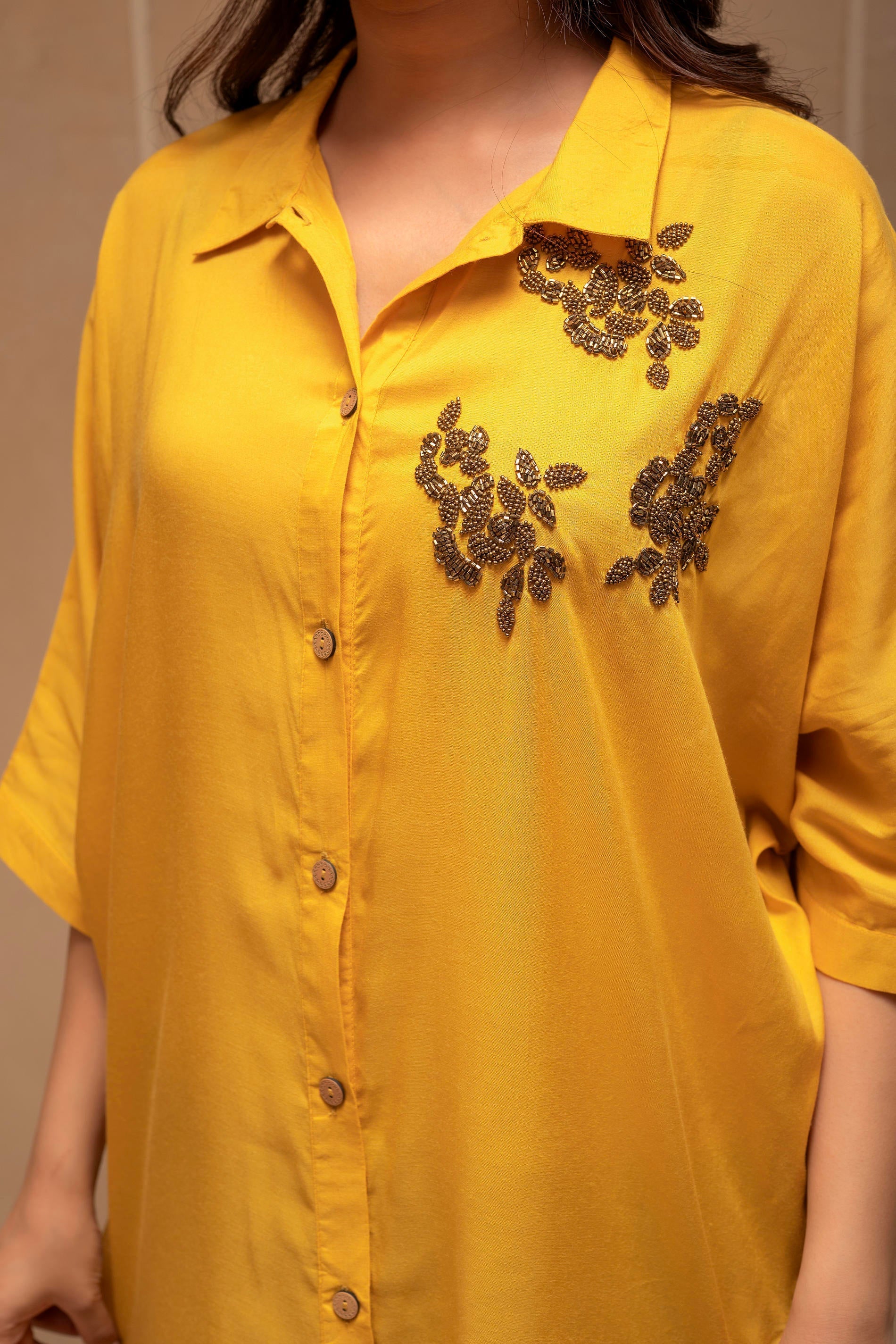 Mustard Solid Viscose Shirt with Beads Work | DesiQlo