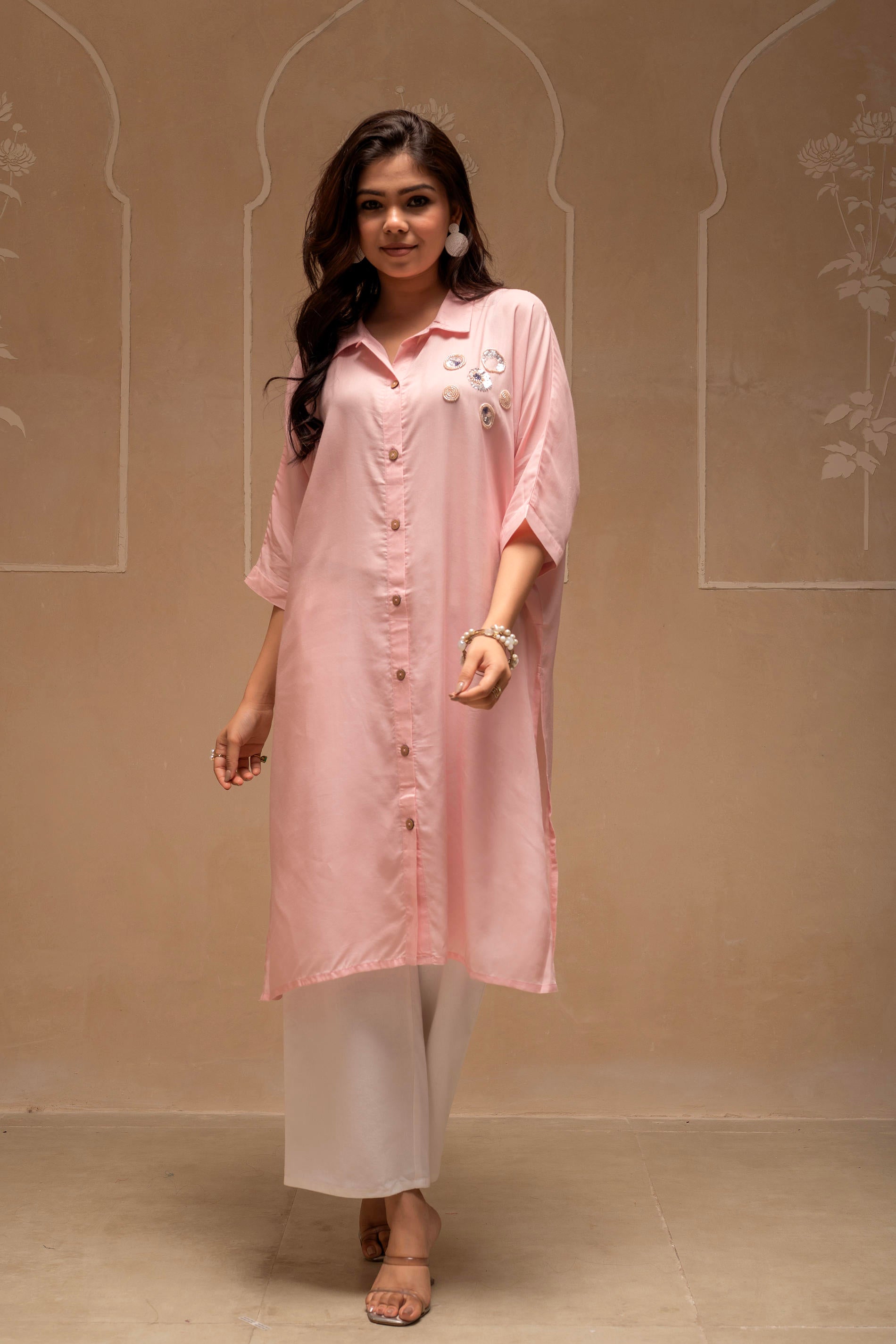 Light Pink Solid Viscose Shirt with Beads and Sequence Work | DesiQlo