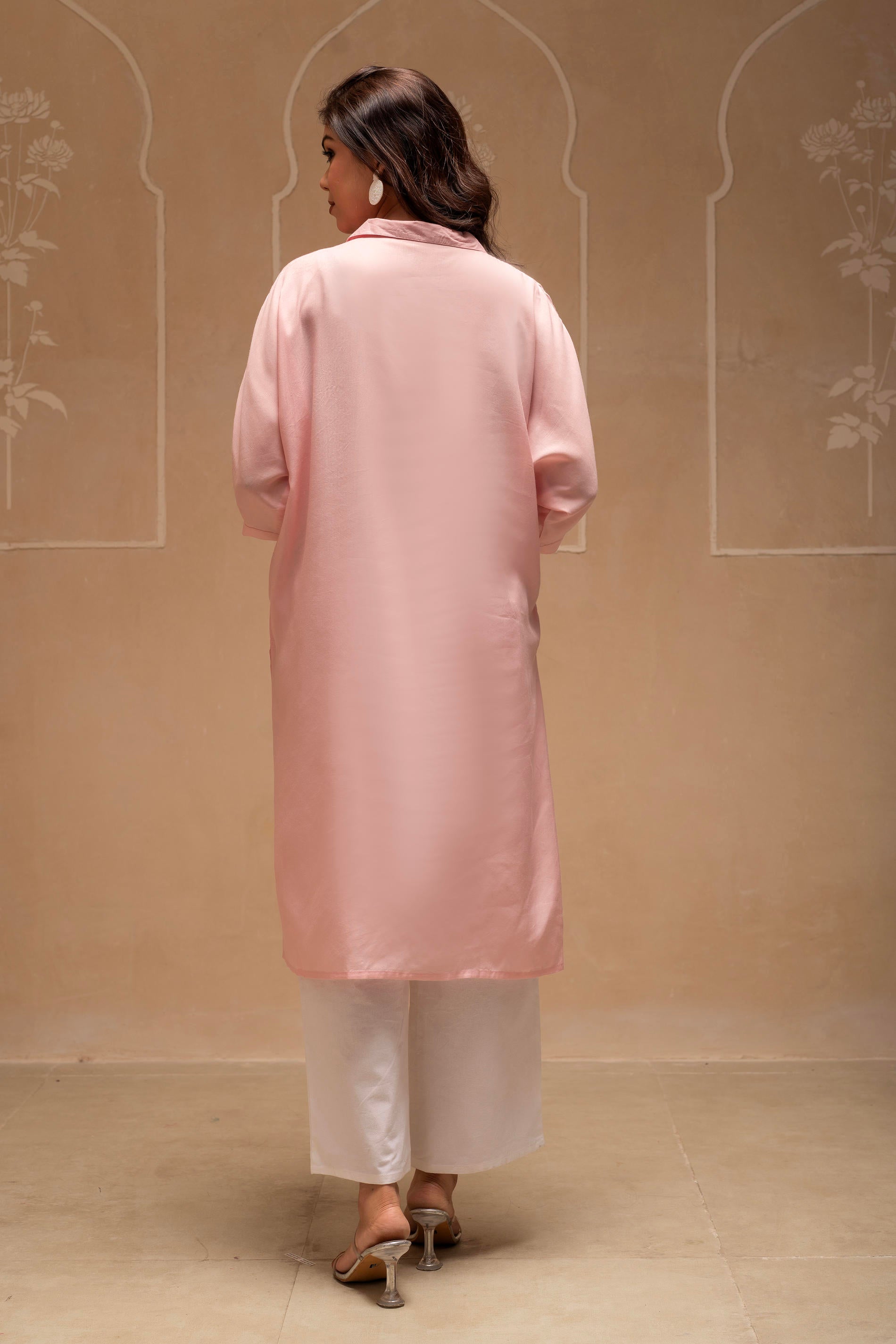 Light Pink Solid Viscose Shirt with Beads and Sequence Work | DesiQlo