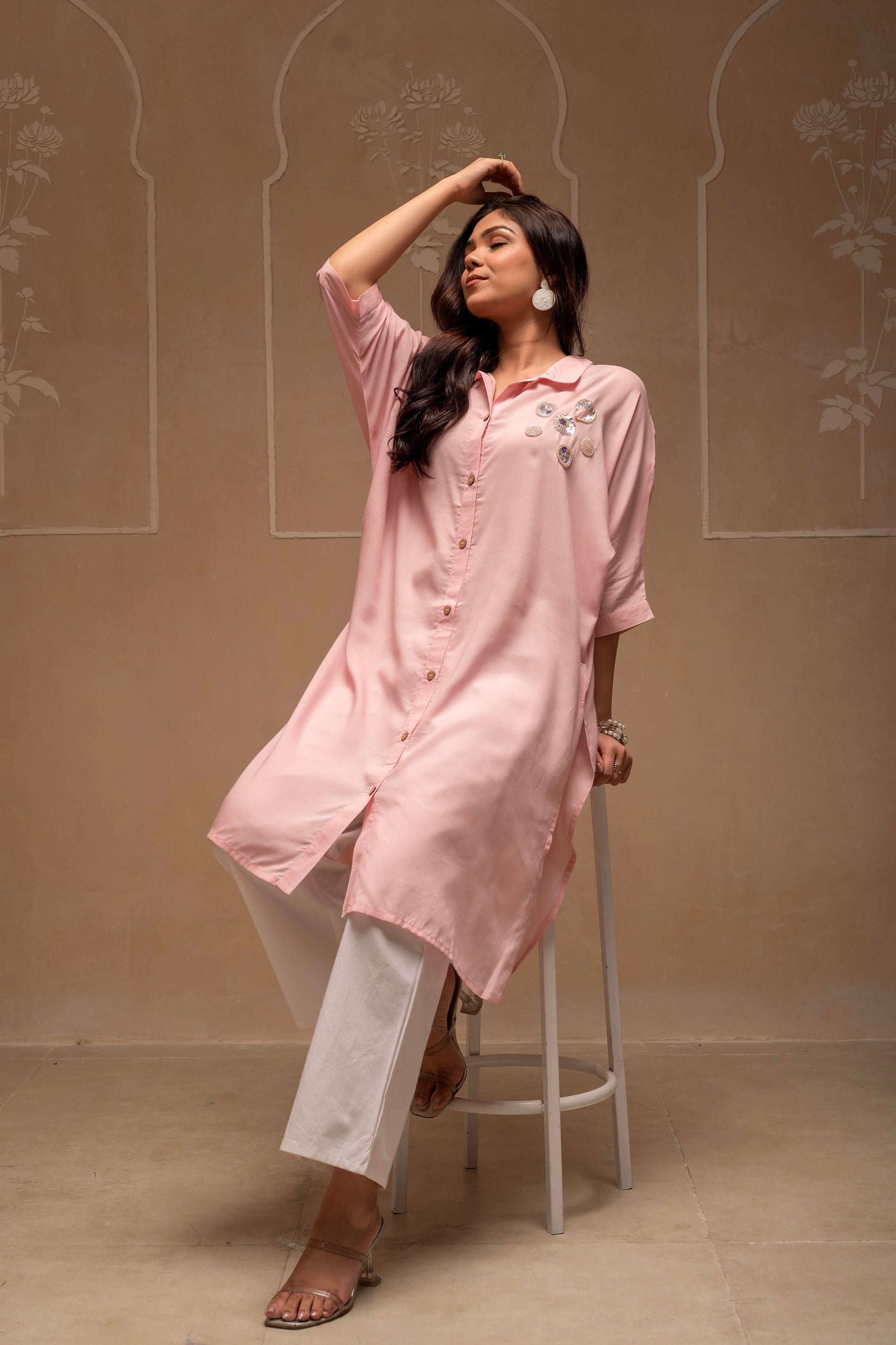 Light Pink Solid Viscose Shirt with Beads and Sequence Work | DesiQlo