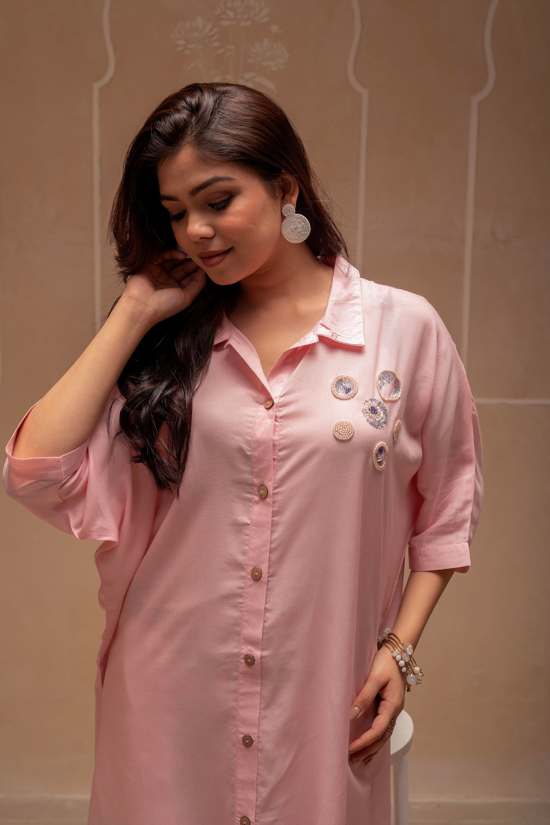Light Pink Solid Viscose Shirt with Beads and Sequence Work | DesiQlo