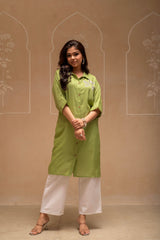 Sage Green Solid Viscose Shirt with Beads and Sequence Work