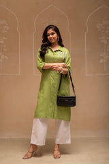 Sage Green Solid Viscose Shirt with Beads and Sequence Work