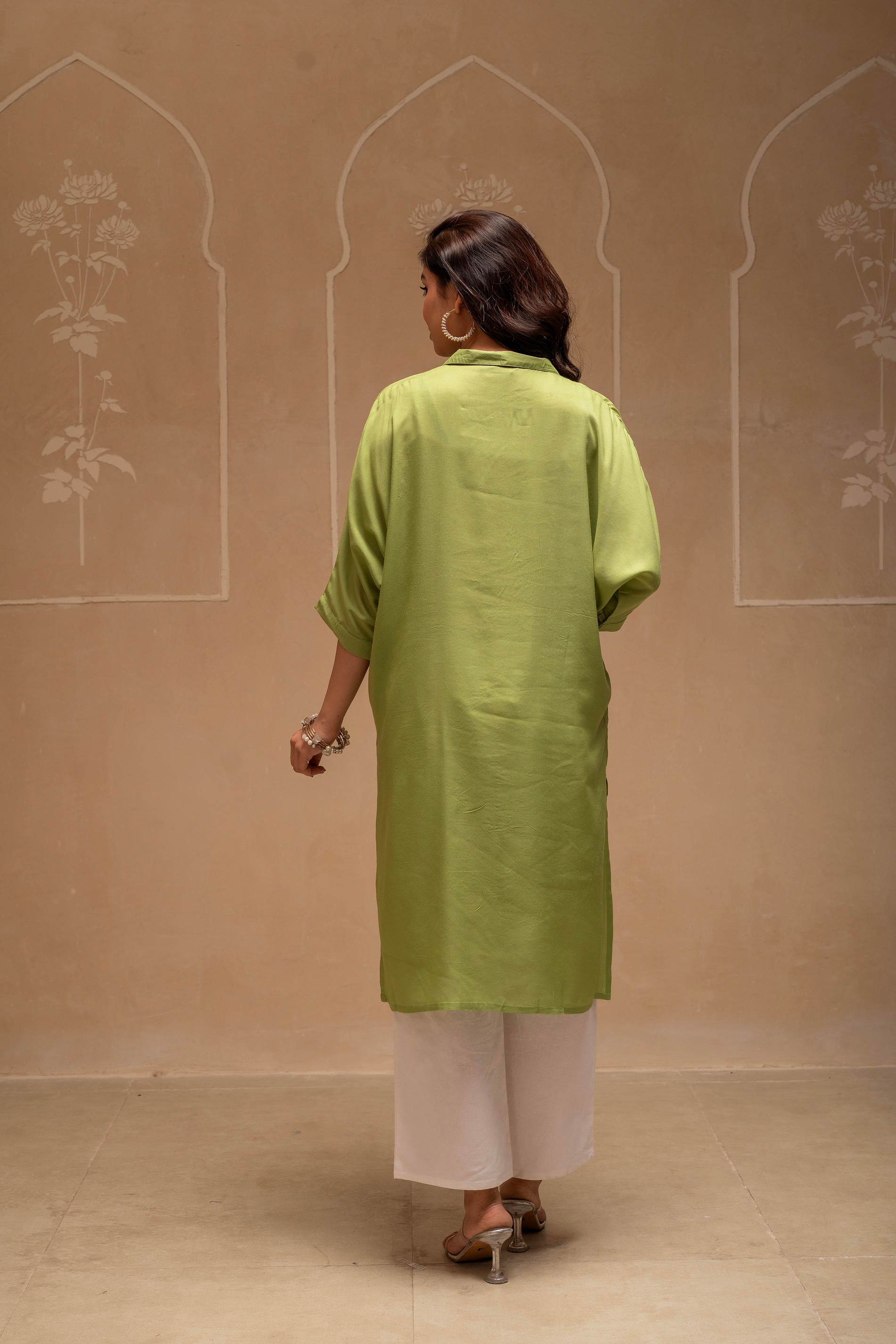Sage Green Solid Viscose Shirt with Beads and Sequence Work | DesiQlo