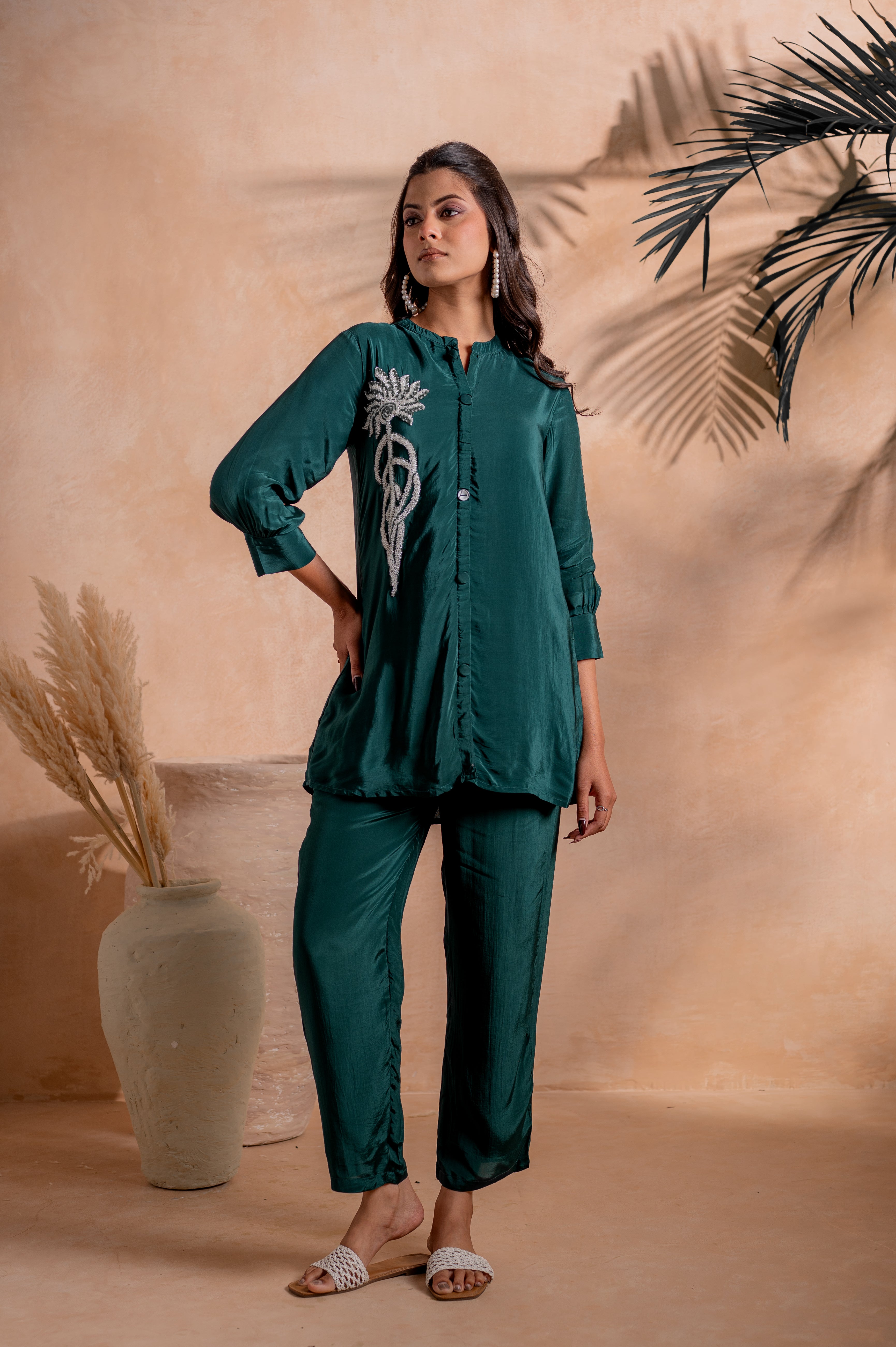 Bottle Green Embellished Viscose Co-ord Set with Bead Detailing | Desi