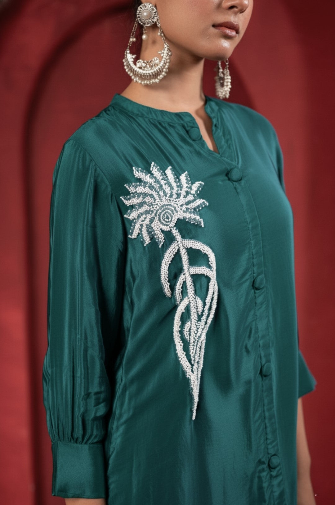 Bottle Green Embellished Viscose Co-ord Set with Bead Detailing | Desi