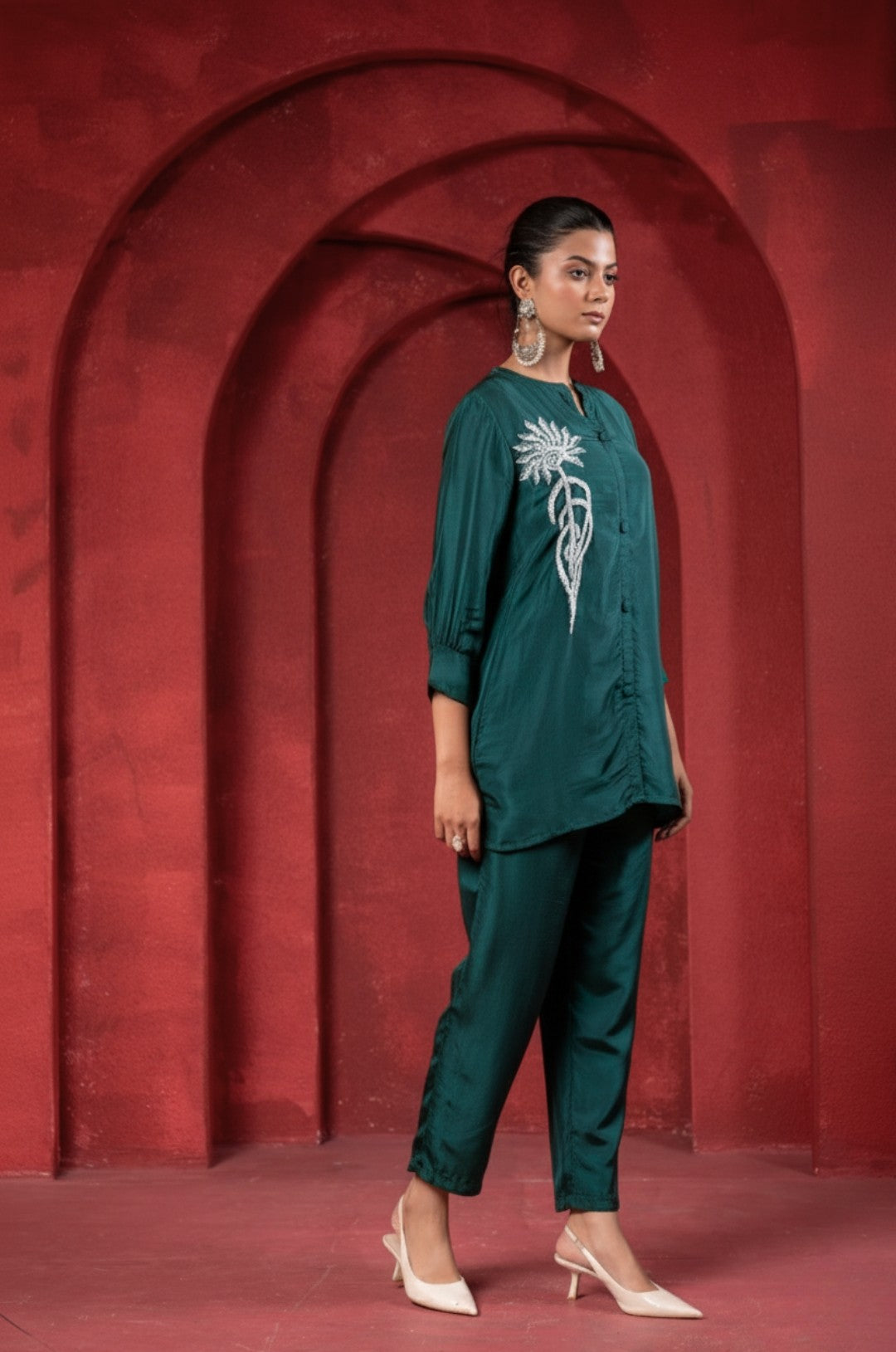 Bottle Green Embellished Viscose Co-ord Set with Bead Detailing | Desi