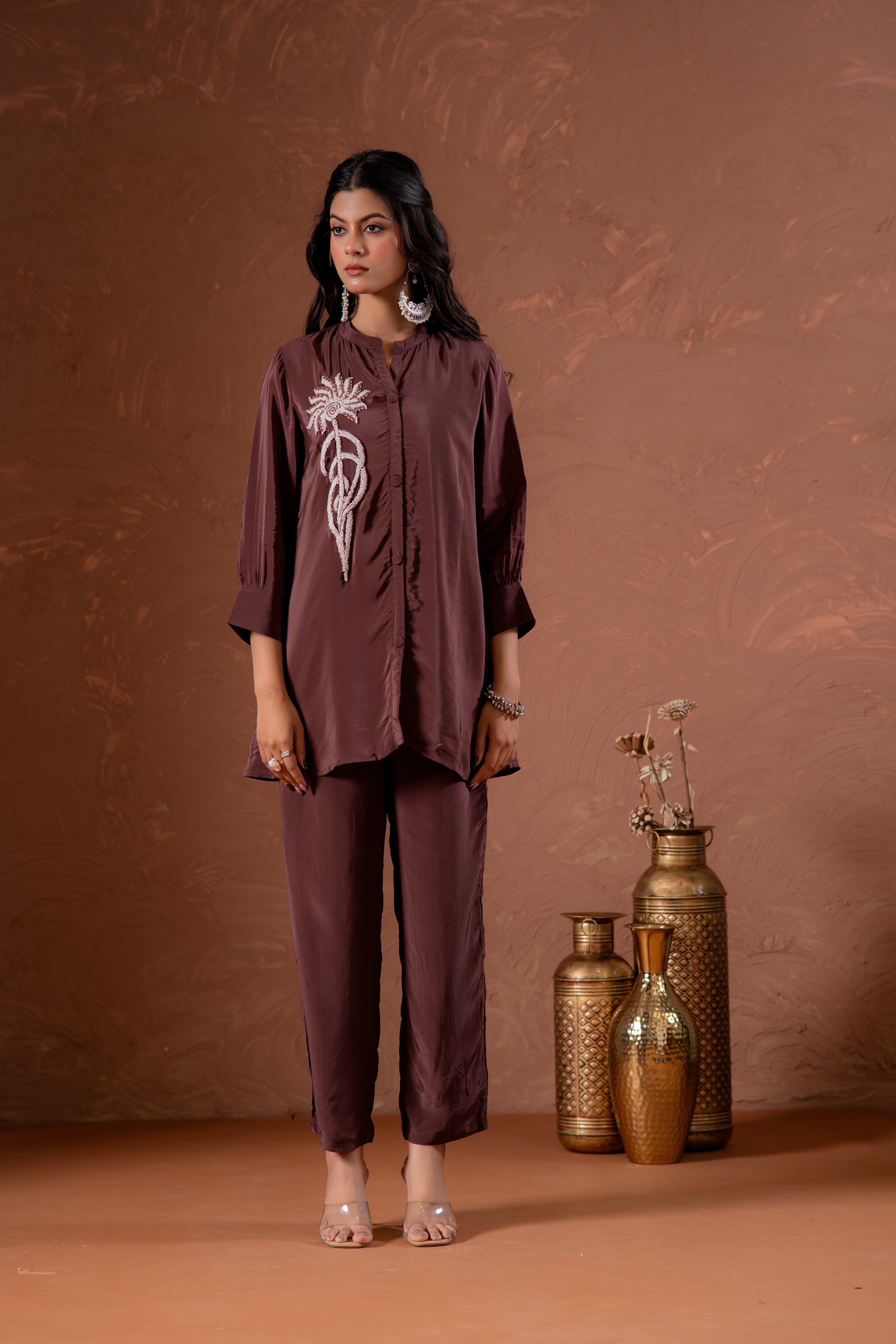 Coffee Brown Embellished Viscose Co-ord Set with Bead Detailing | Desi