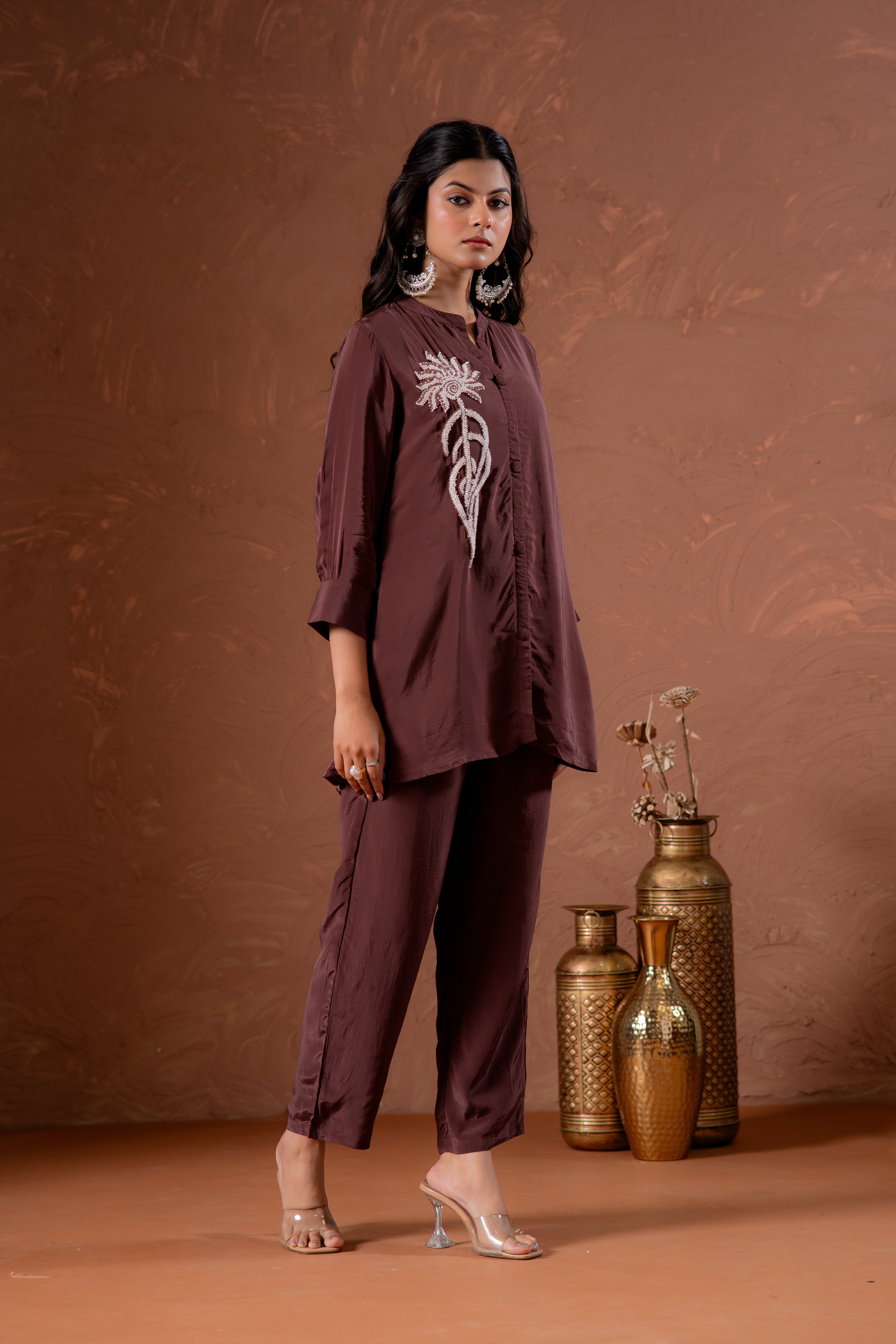 Coffee Brown Embellished Viscose Co-ord Set with Bead Detailing | Desi