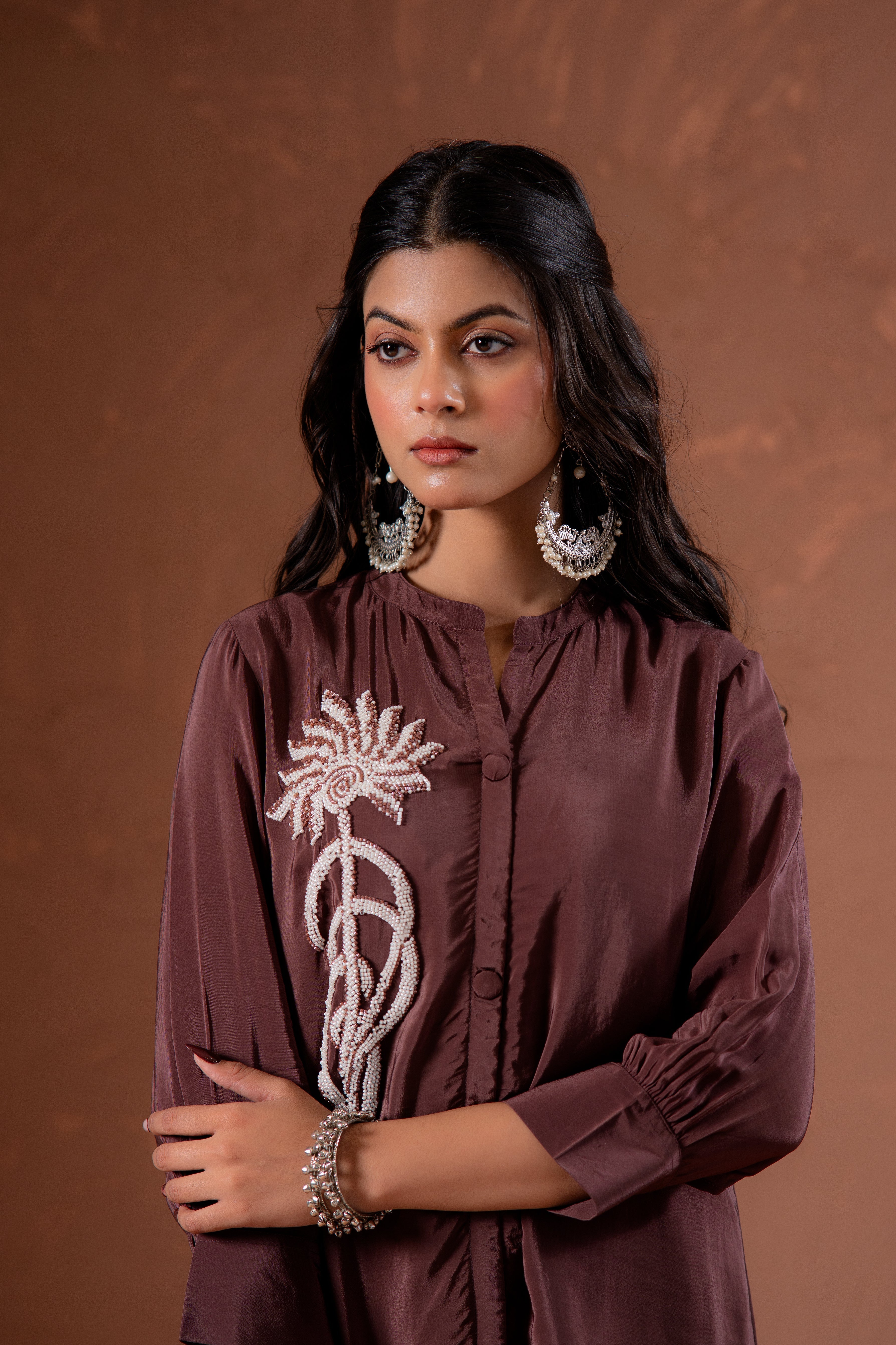 Coffee Brown Embellished Viscose Co-ord Set with Bead Detailing | Desi