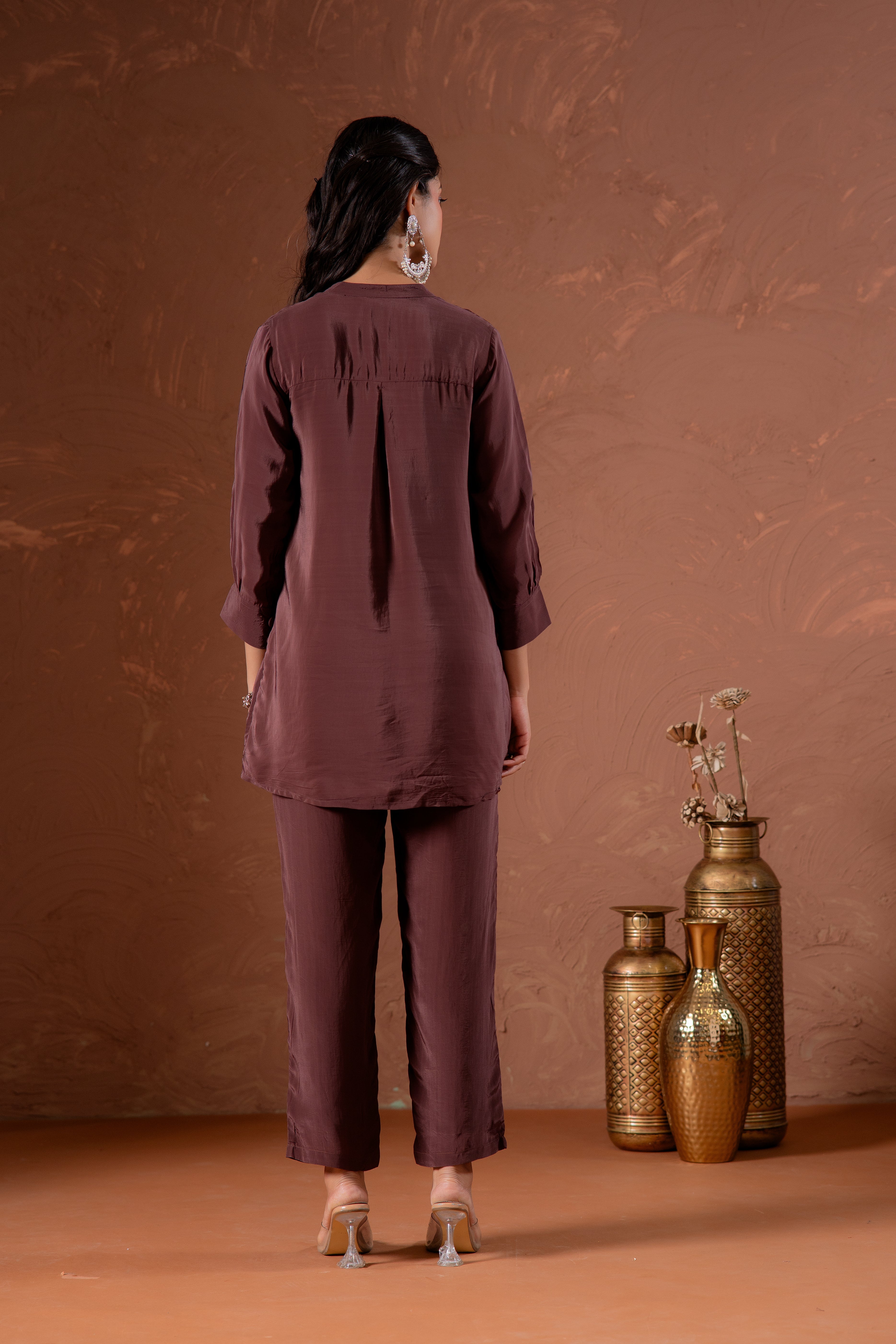 Coffee Brown Embellished Viscose Co-ord Set with Bead Detailing | Desi