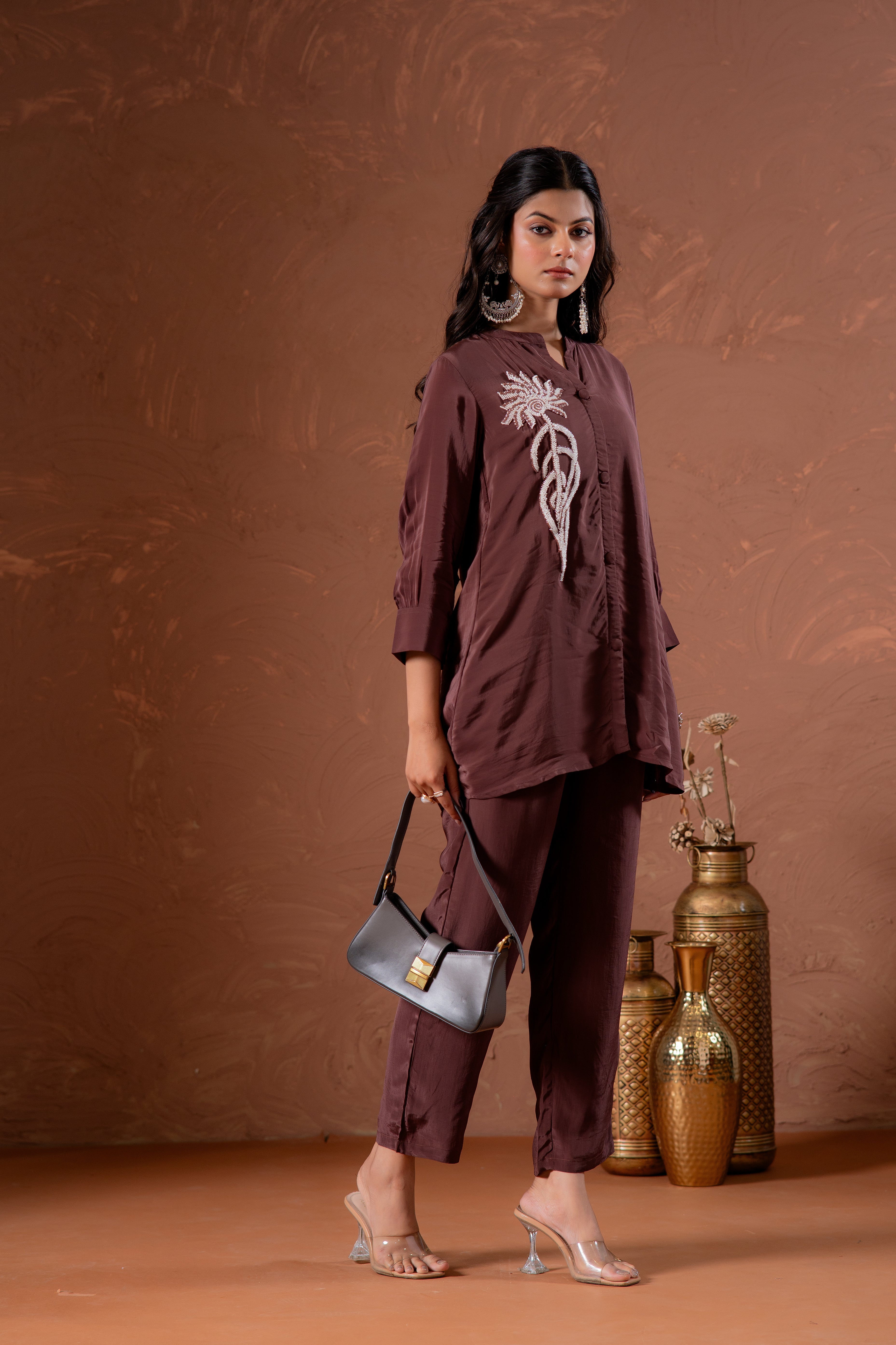 Coffee Brown Embellished Viscose Co-ord Set with Bead Detailing | Desi