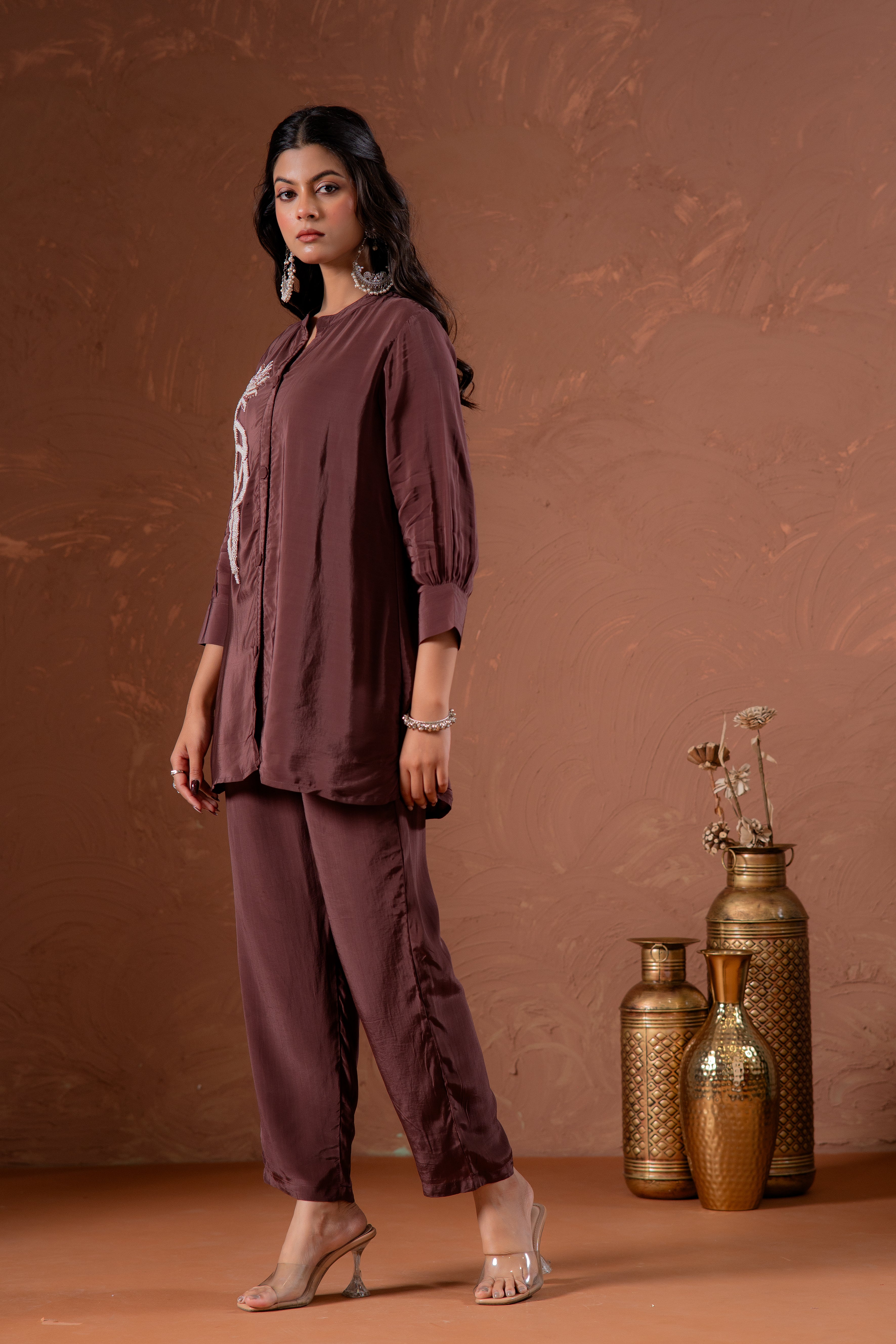 Coffee Brown Embellished Viscose Co-ord Set with Bead Detailing | Desi