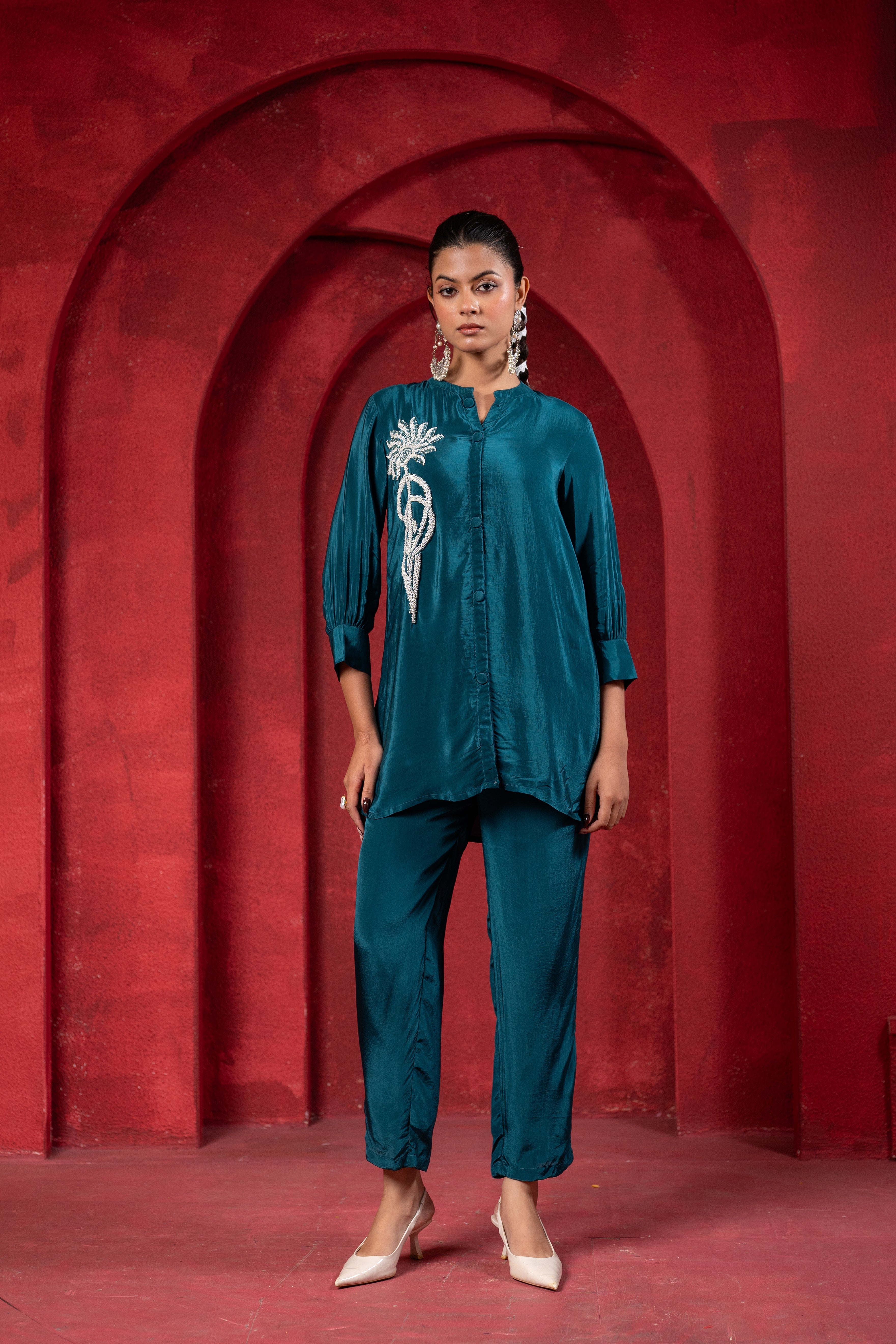 Teal Embellished Viscose Co-ord Set with Bead Detailing | DesiQlo