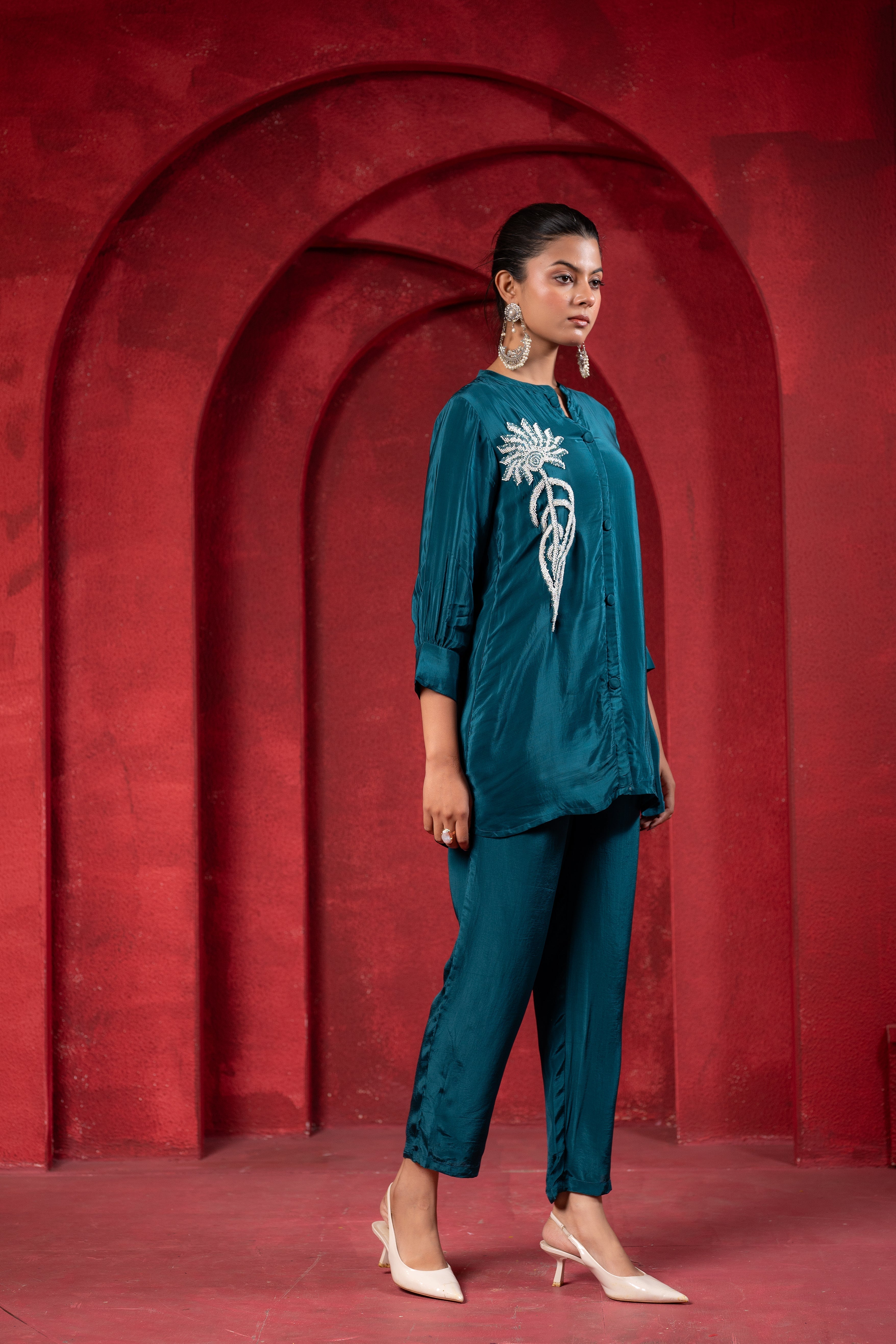 Teal Embellished Viscose Co-ord Set with Bead Detailing | DesiQlo