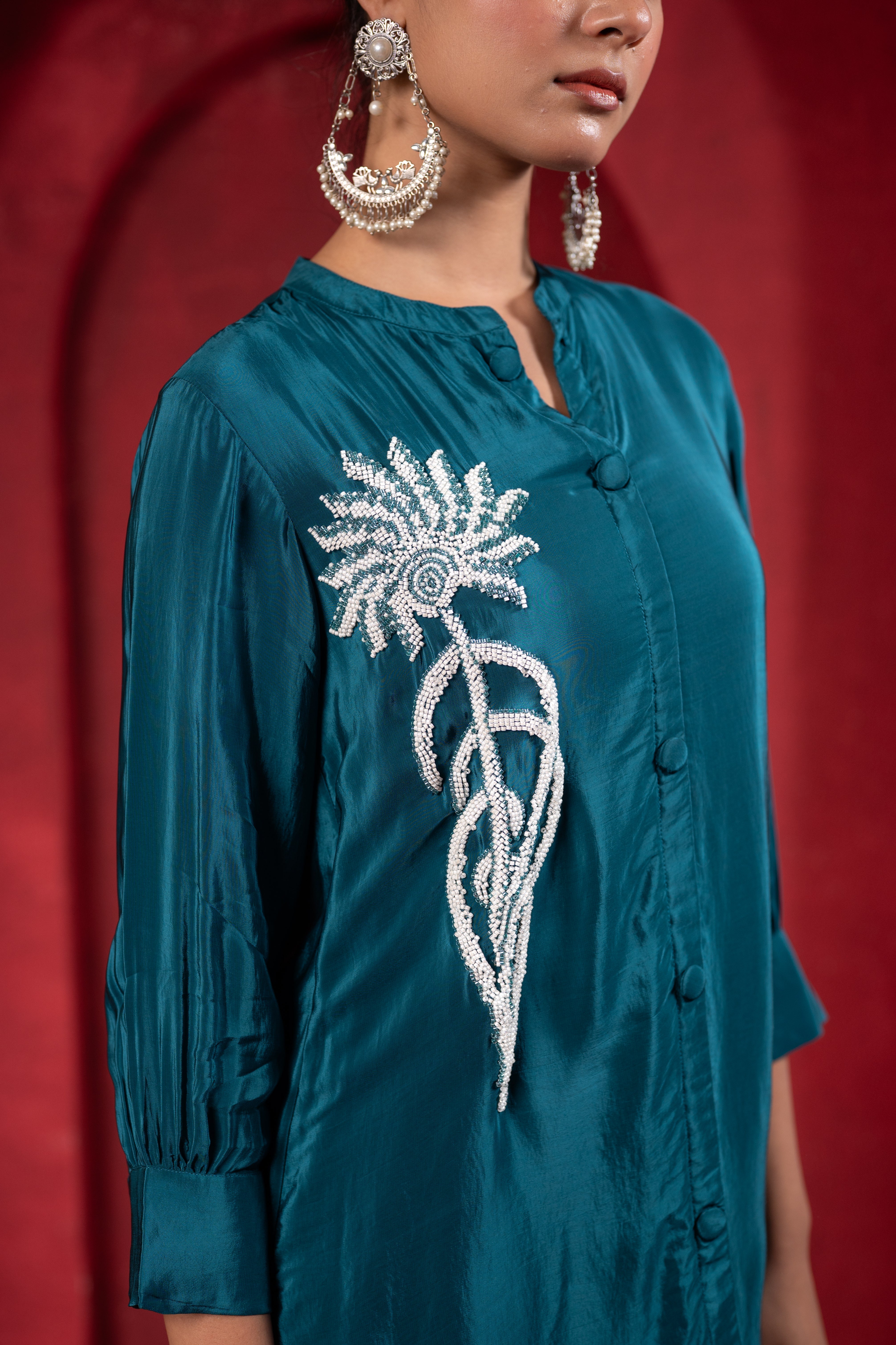 Teal Embellished Viscose Co-ord Set with Bead Detailing | DesiQlo