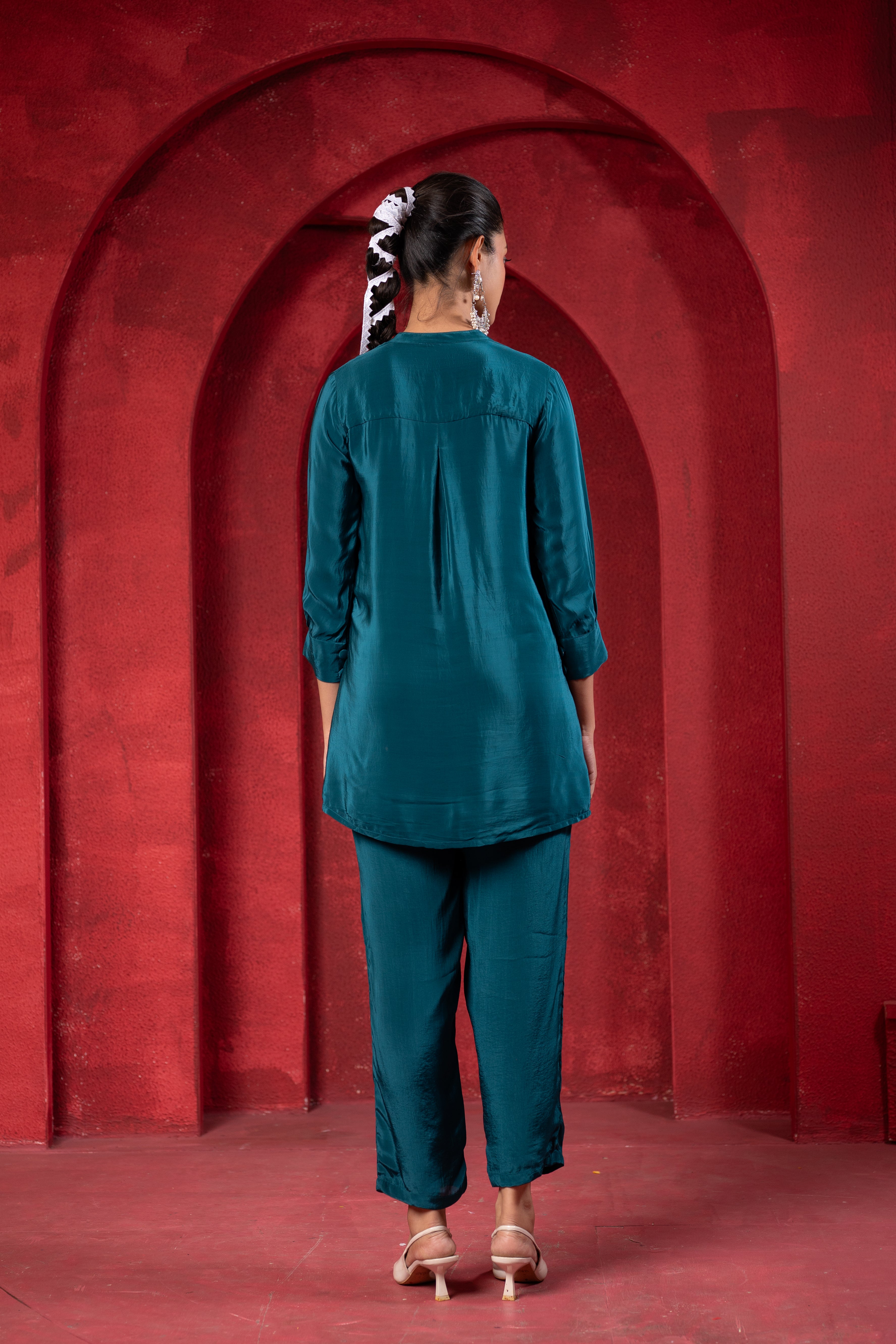 Teal Embellished Viscose Co-ord Set with Bead Detailing | DesiQlo