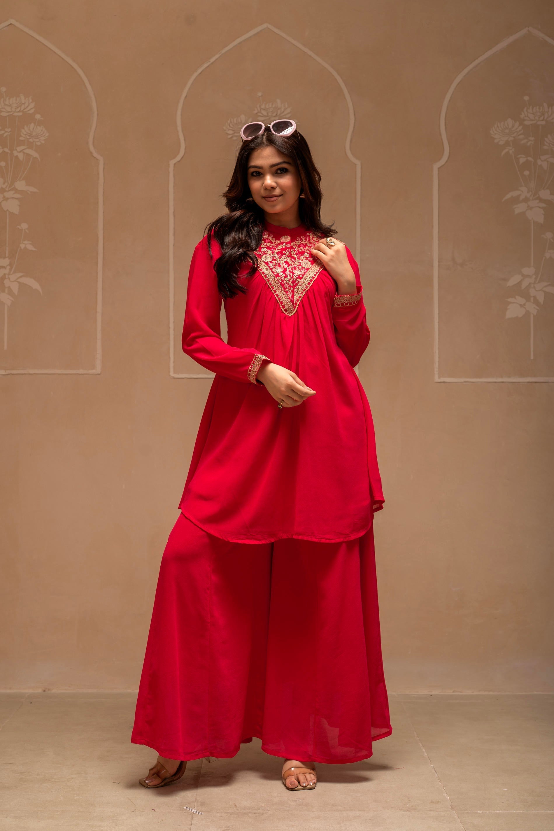Fuchsia Solid Poly Georgette Tunic and Sharara Co-ord Set with Sequenc