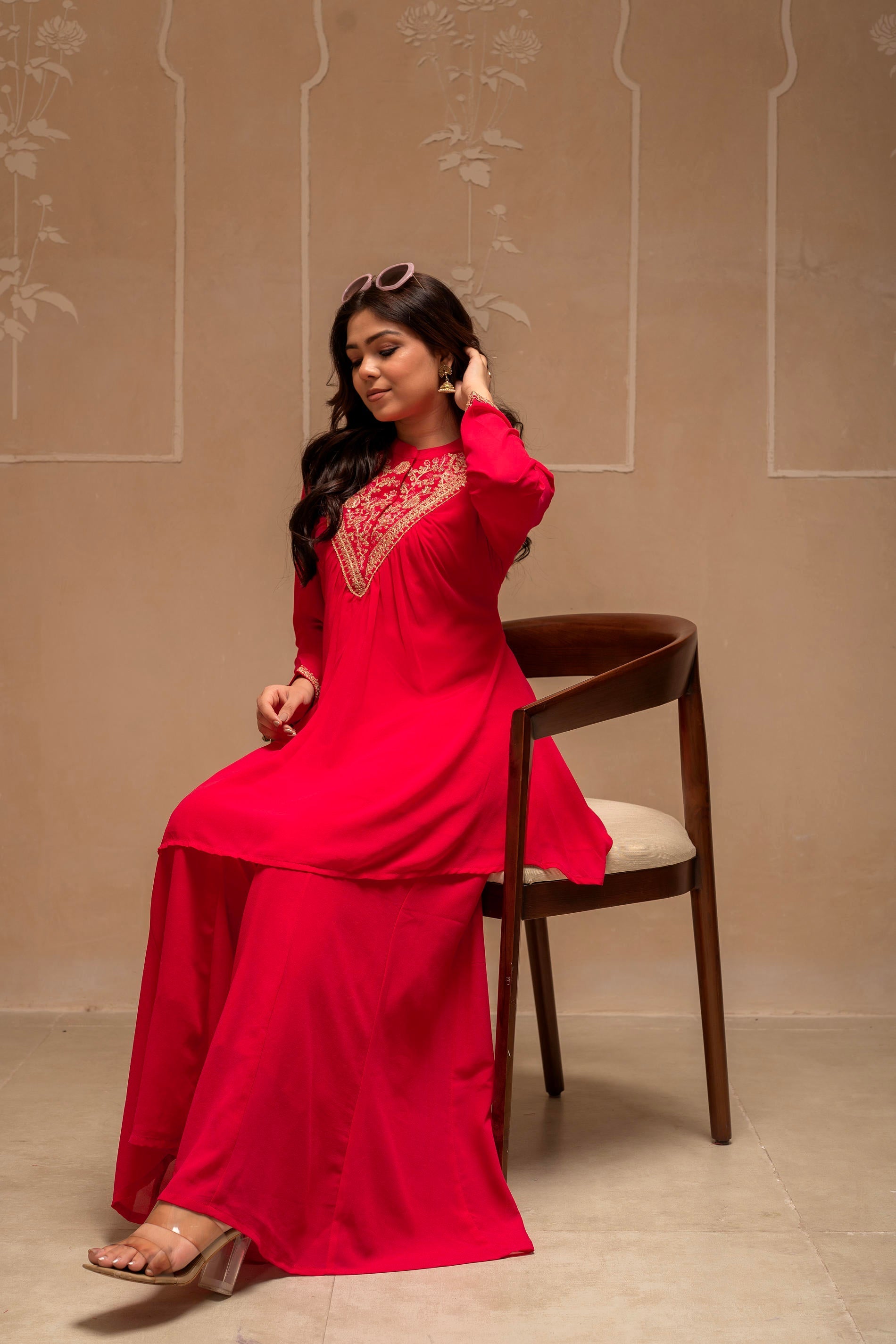 Fuchsia Solid Poly Georgette Tunic and Sharara Co-ord Set with Sequenc