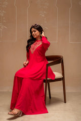 Fuchsia Solid Poly Georgette Tunic and Sharara Co-ord Set with Sequence and Zari Work