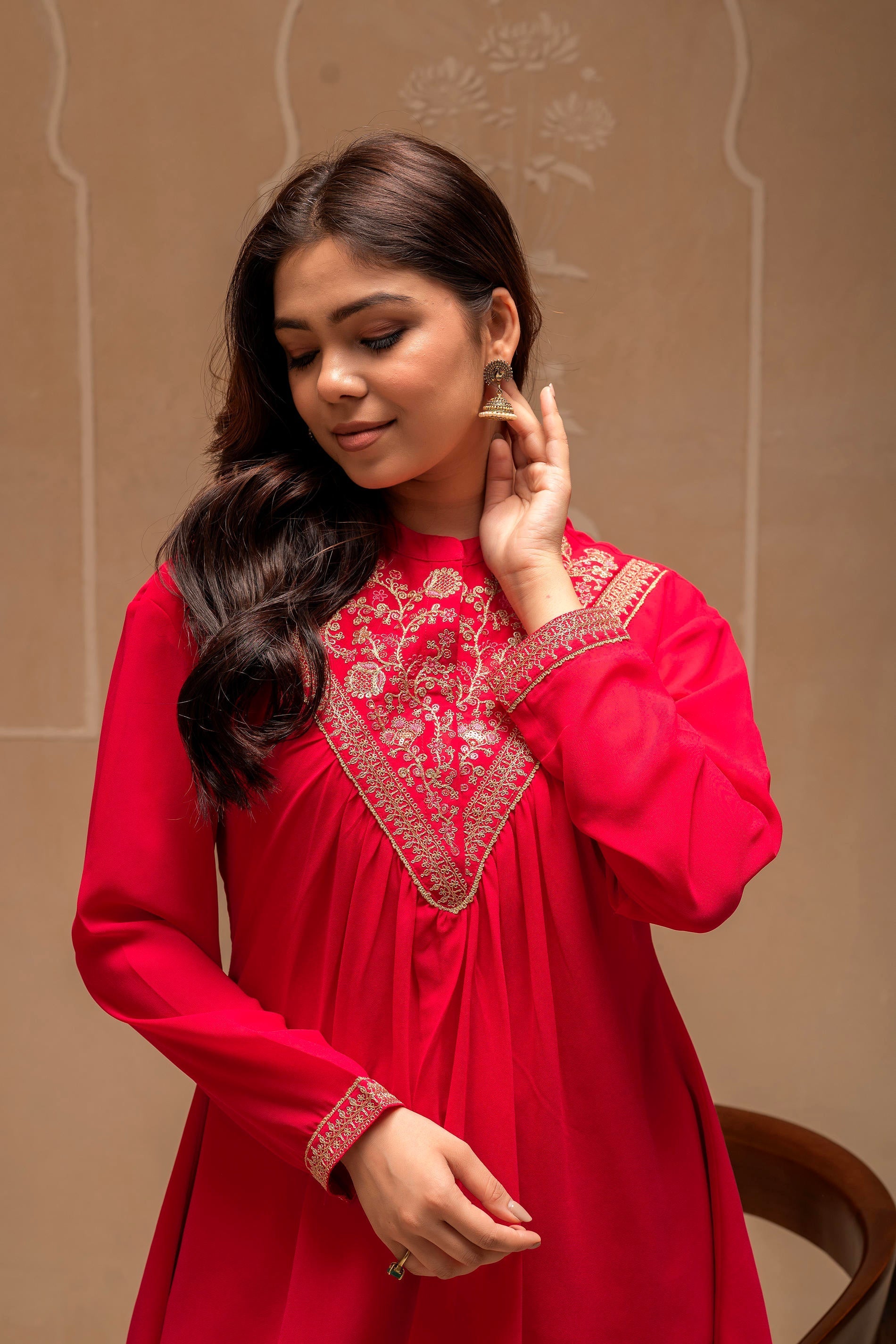 Fuchsia Solid Poly Georgette Tunic and Sharara Co-ord Set with Sequenc