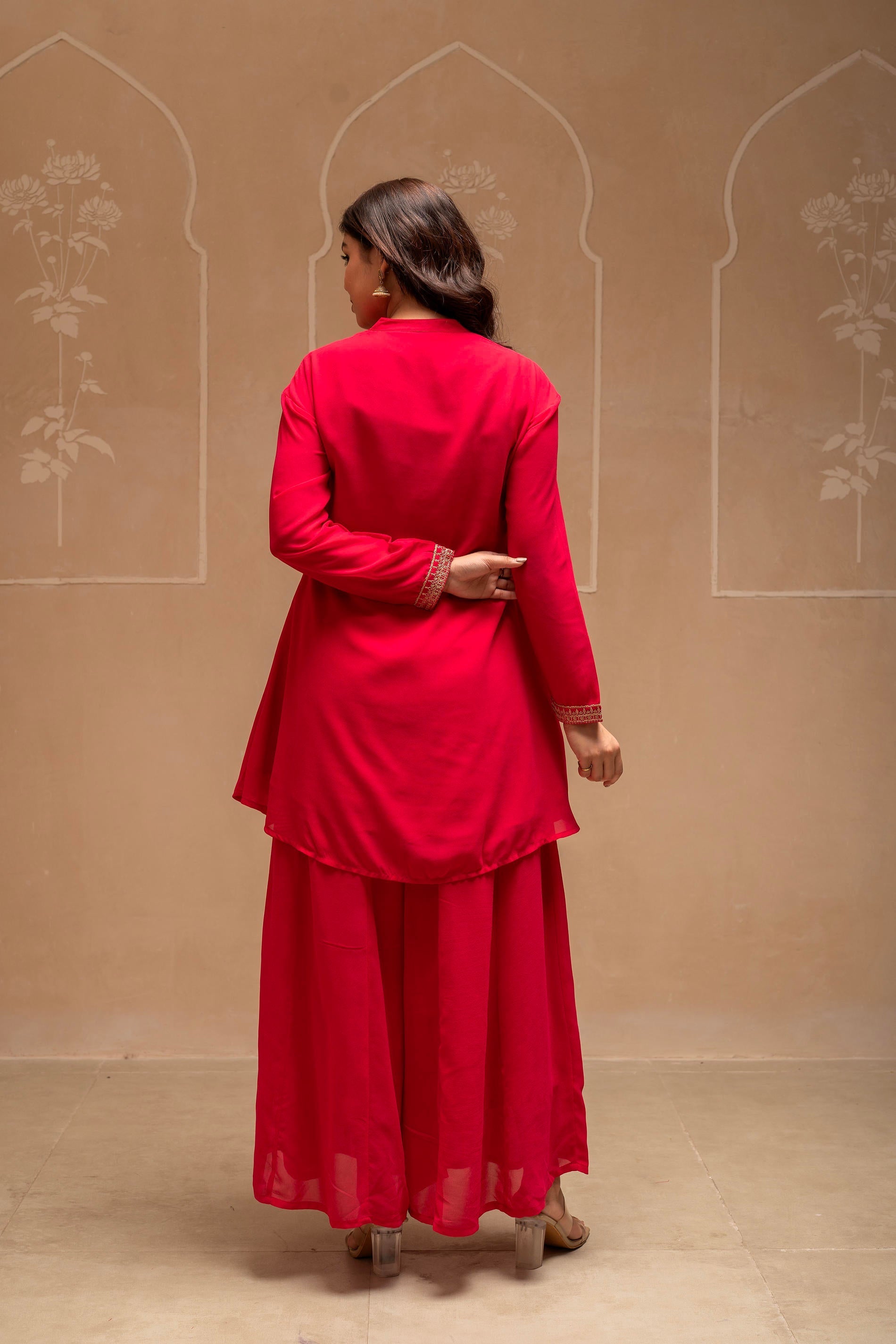 Fuchsia Solid Poly Georgette Tunic and Sharara Co-ord Set with Sequenc
