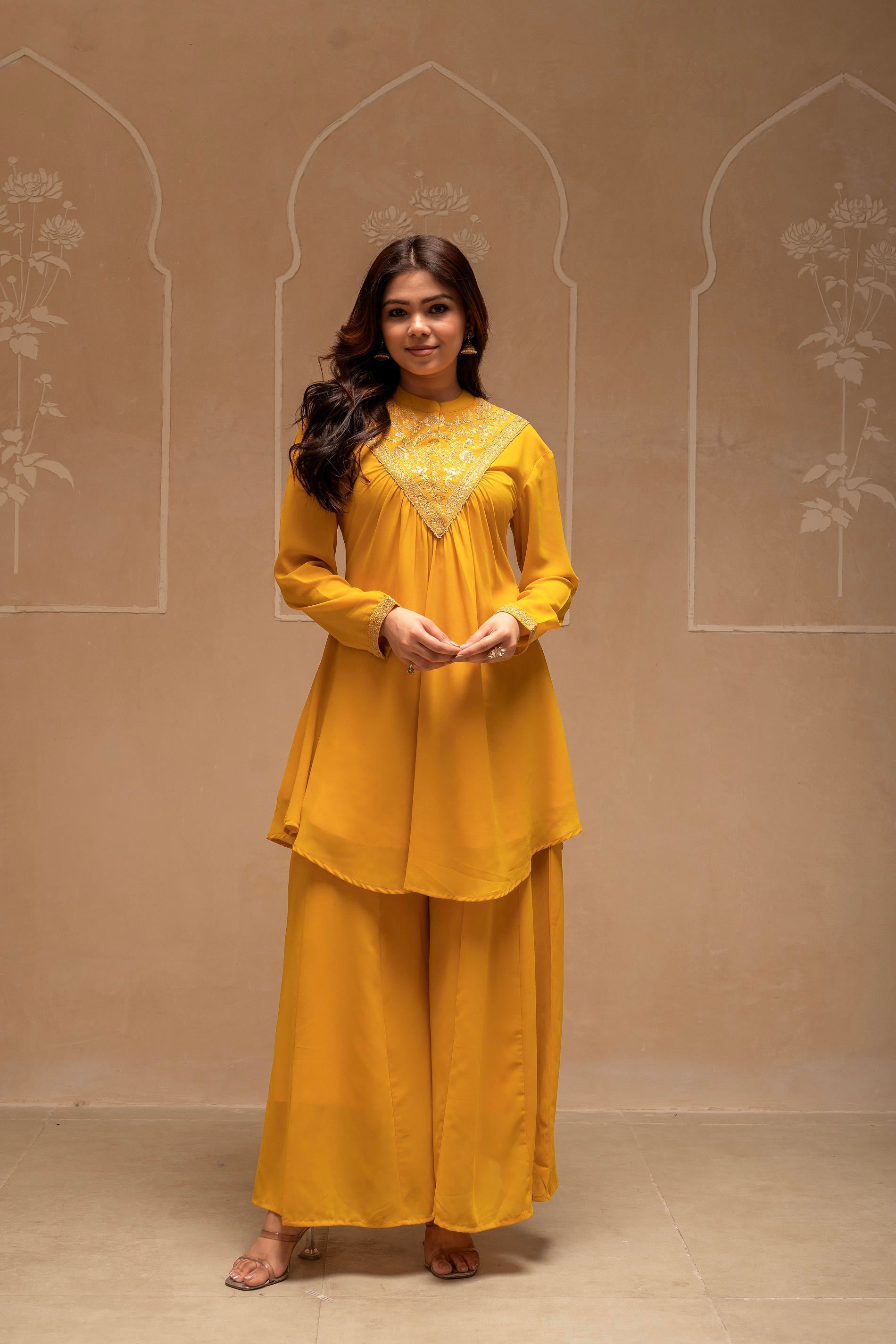 Mustard Solid Poly Georgette Tunic and Sharara Co-ord Set with Sequenc