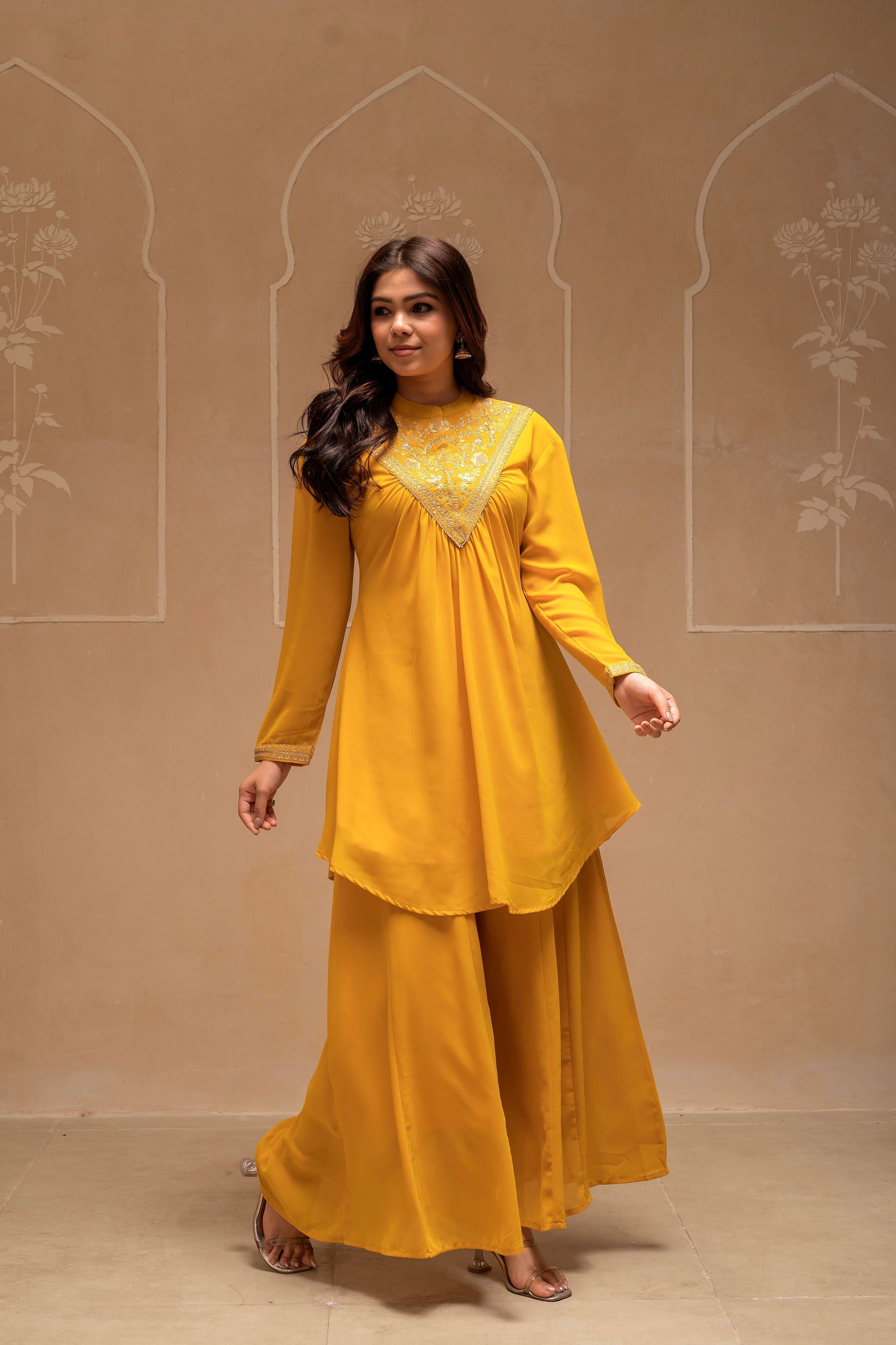 Mustard Solid Poly Georgette Tunic and Sharara Co-ord Set with Sequenc
