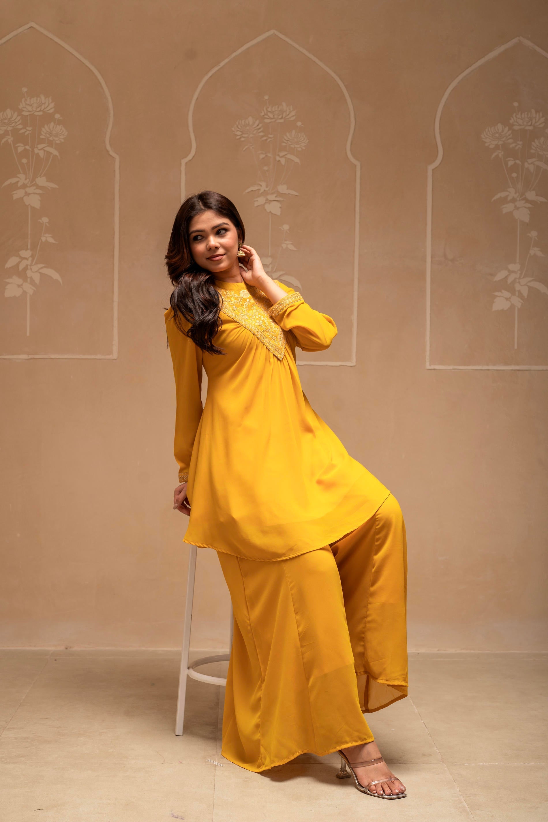 Mustard Solid Poly Georgette Tunic and Sharara Co-ord Set with Sequenc