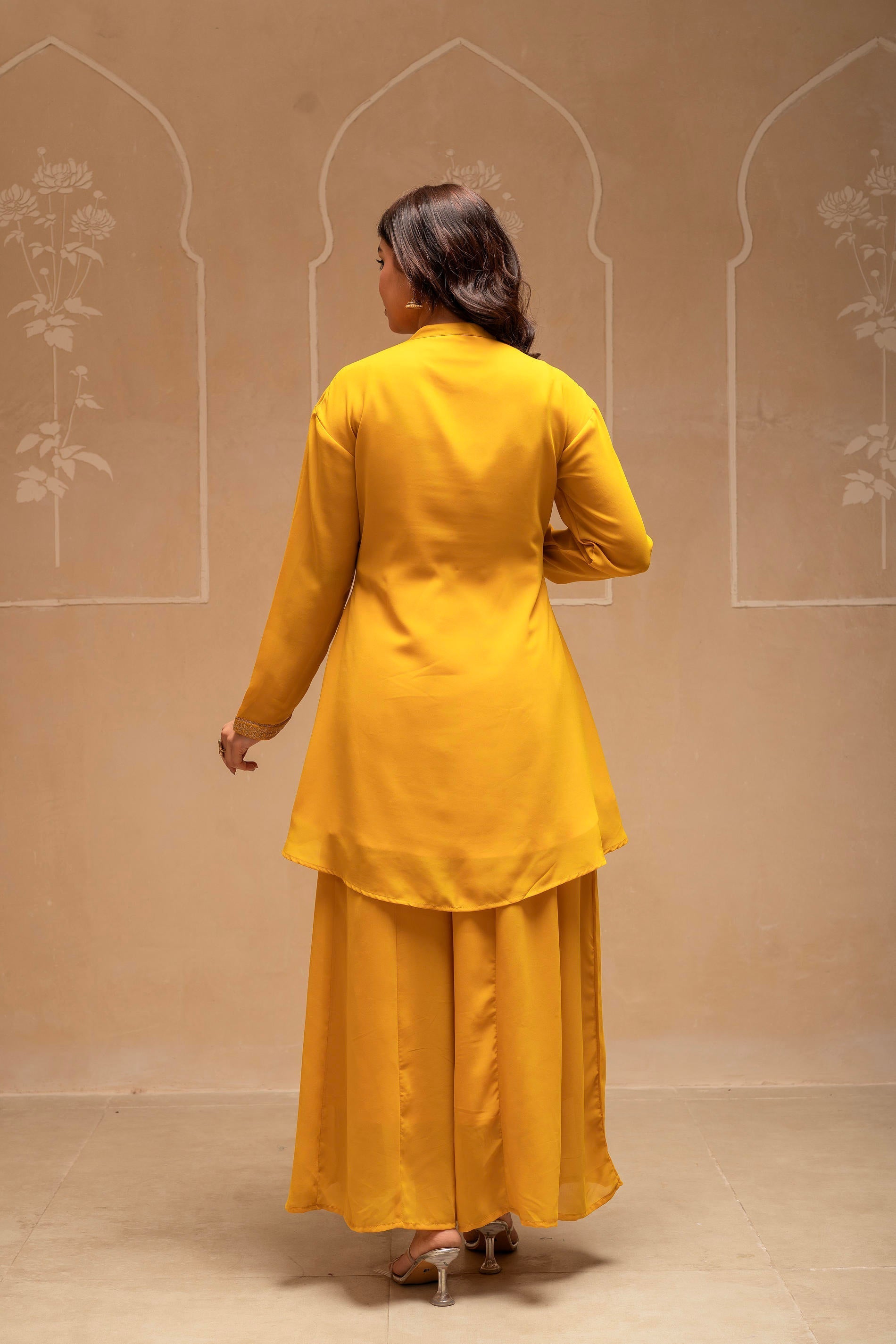 Mustard Solid Poly Georgette Tunic and Sharara Co-ord Set with Sequenc
